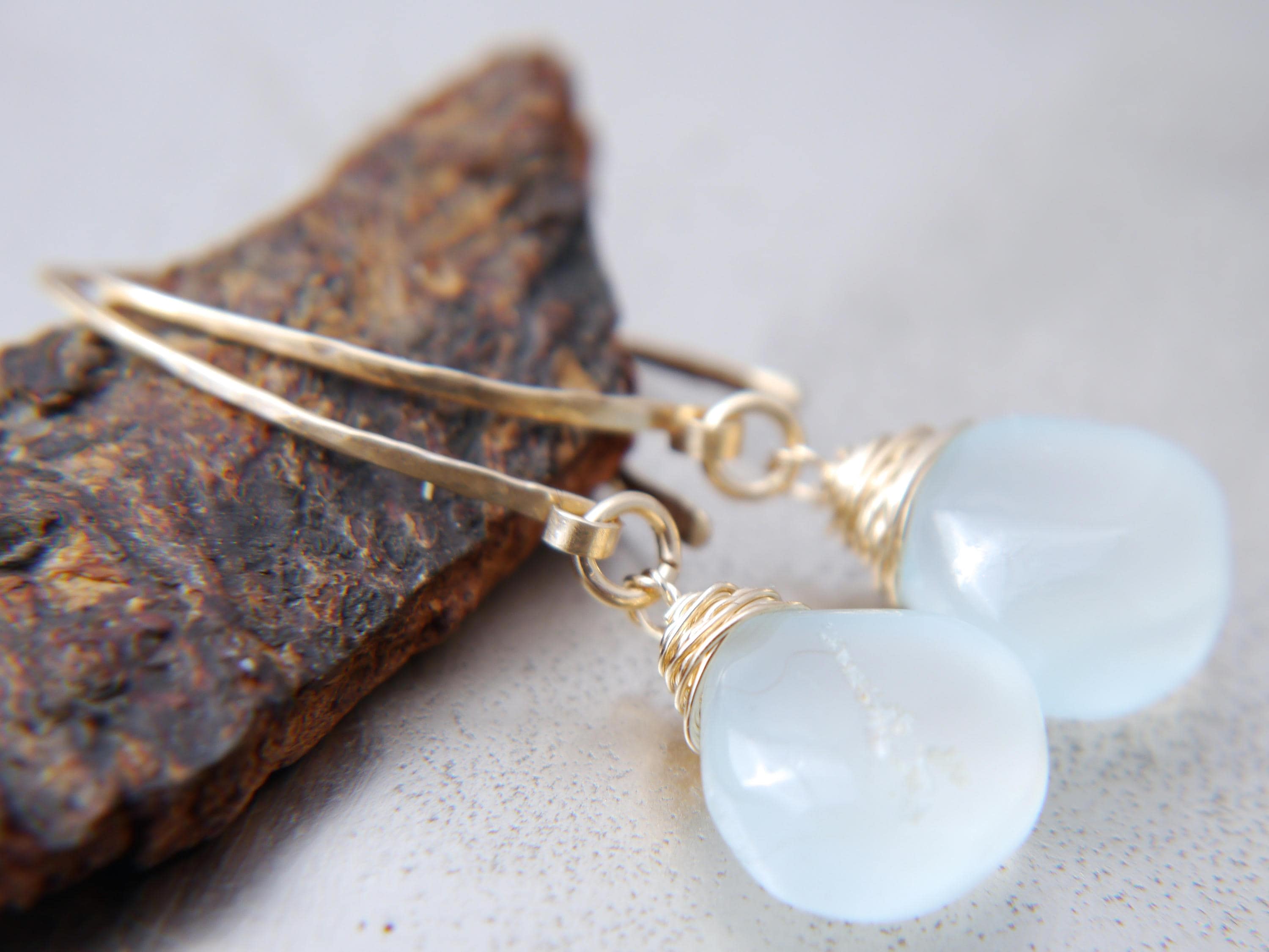 Aqua Chalcedony Heart Briolette Gemstone Earrings, 14K Gold Filled Hoops Dainty