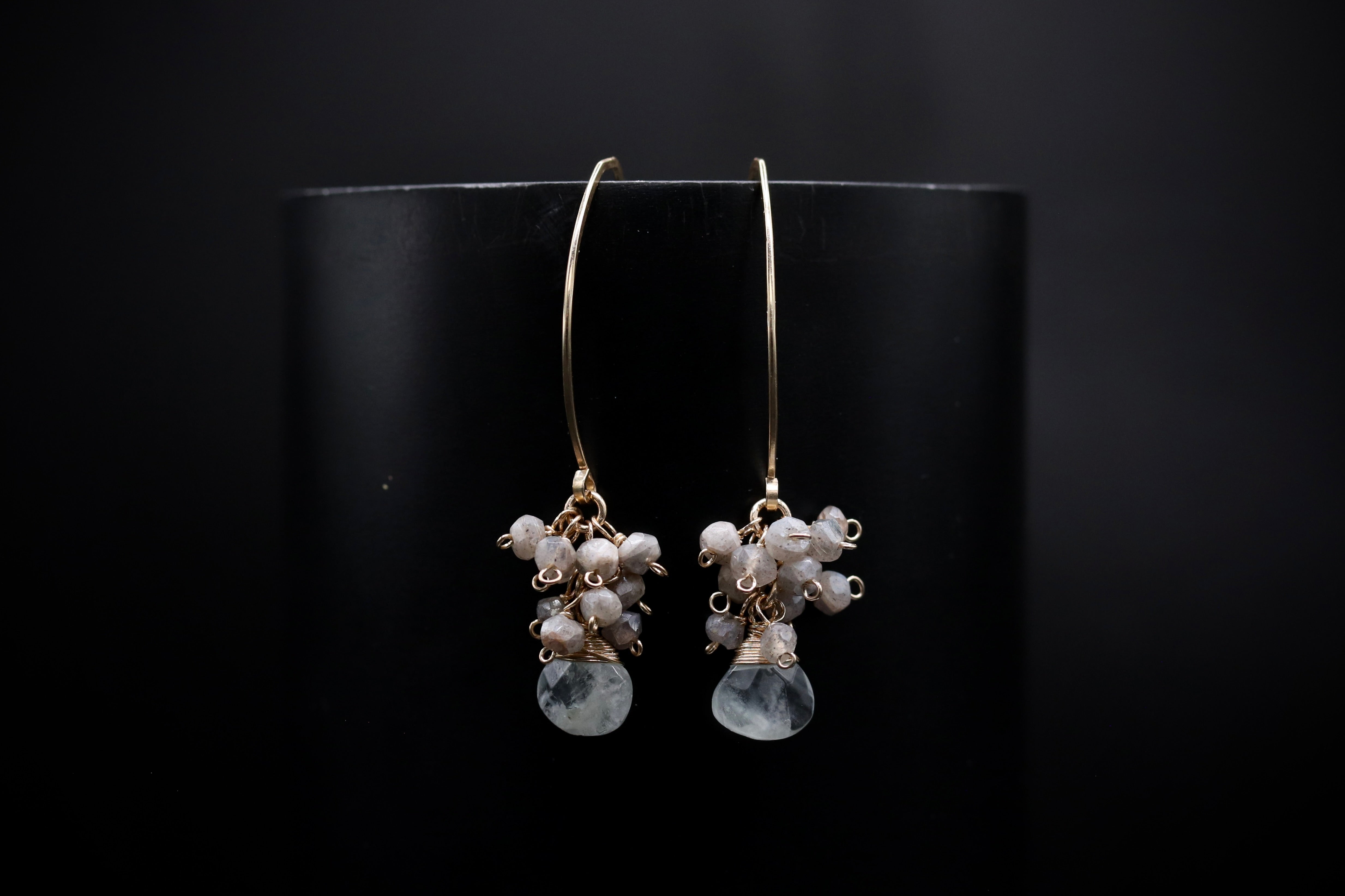A pair of elegant earrings with a long gold hook and dangling crystal stones.