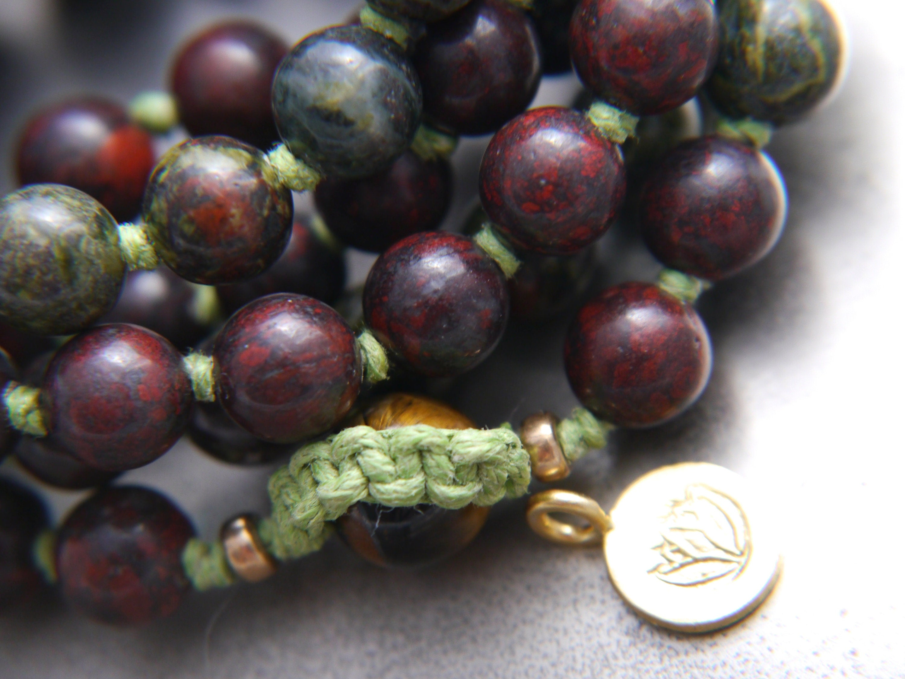 Deep Red Dragon’s Blood Jasper Mala Beads, 108 Gemstone Beads, Wrap, Hand Knotted