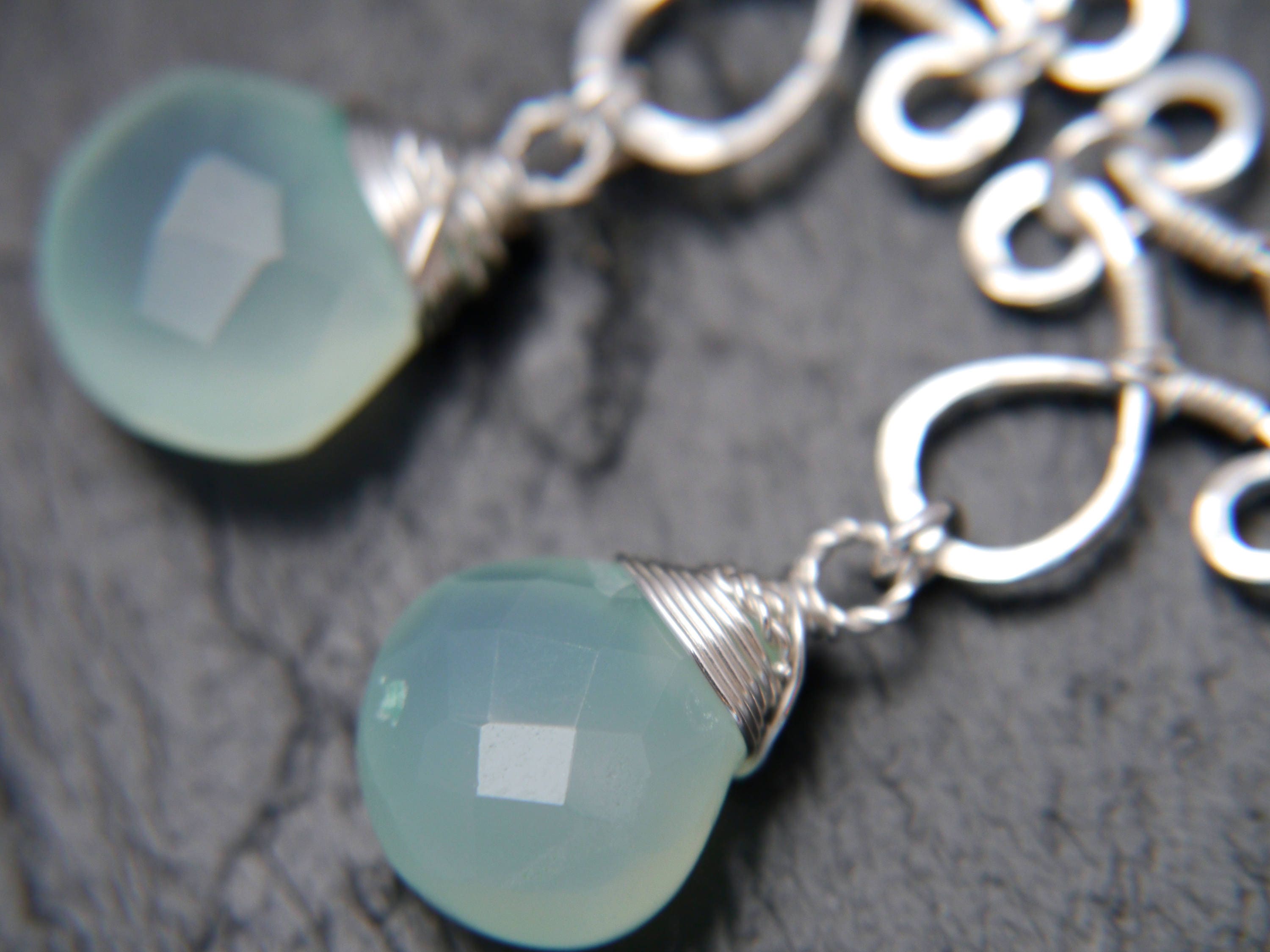 Aqua Chalcedony Heart Briolette Chandelier Gemstone Earrings, Sterling Silver