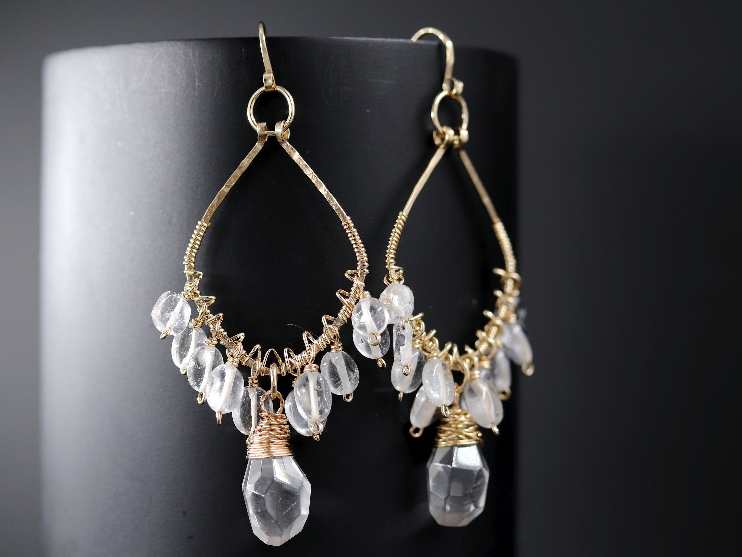 Clear Quartz Chandelier Gemstone Earrings, 14K Gold Filled Dangle Bridal