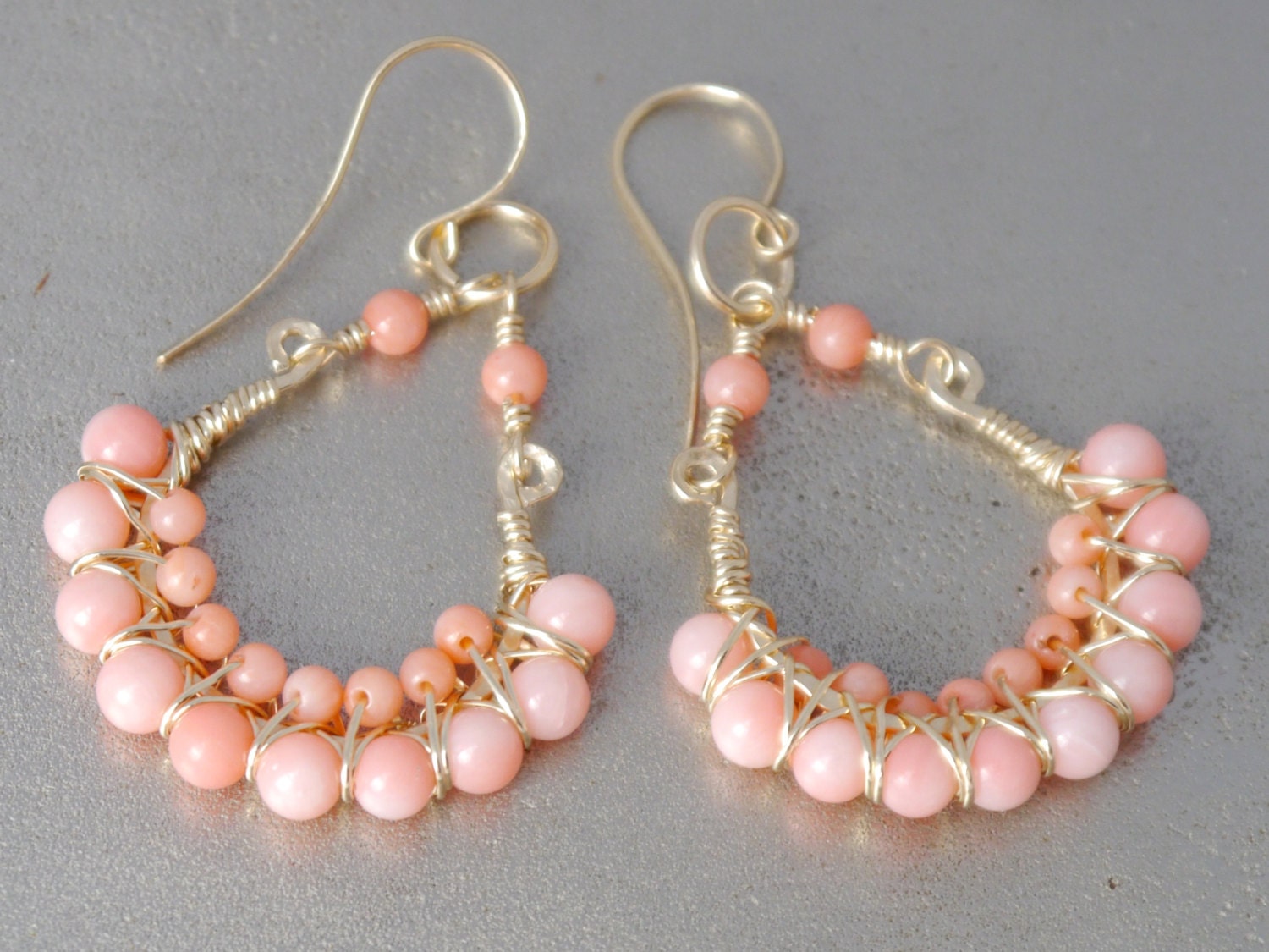 Pink Coral Chandelier Gemstone Earrings, 14K Gold Filled Bohemian Style