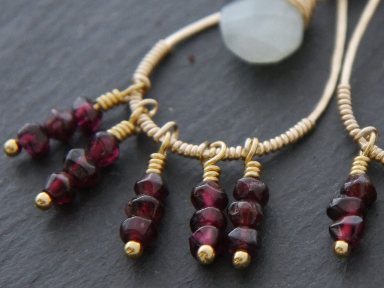 Garnet Aquamarine Art Deco Chandelier Gemstone Earrings, 14K Gold Filled Heirloom