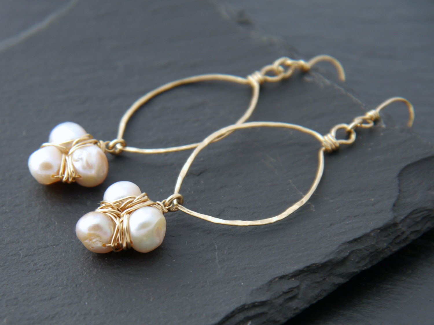 Freshwater Pearl Floral Hoop Gemstone Earrings, 14K Gold Filled Bohemian Style