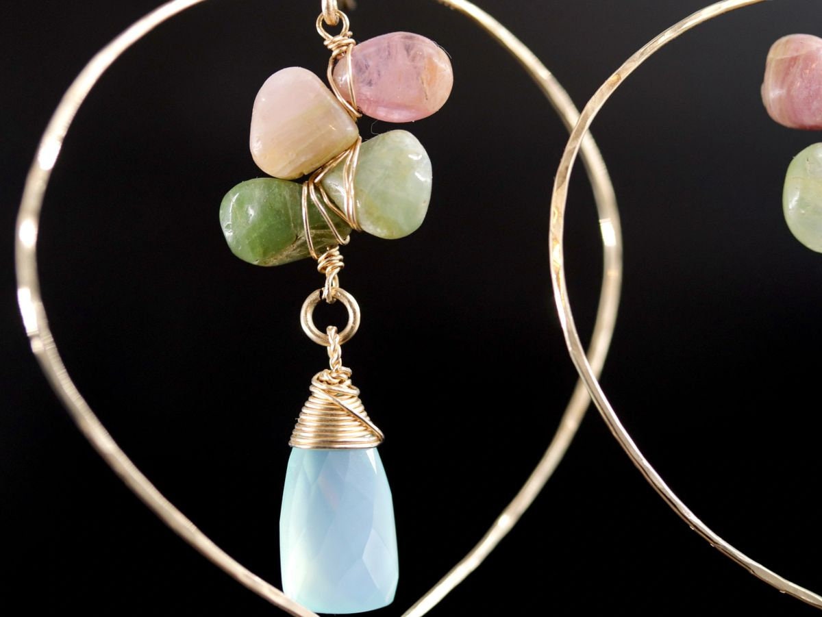 Aqua Chalcedony Tourmaline Floral Chandelier Gemstone Earrings, 14K Gold Filled
