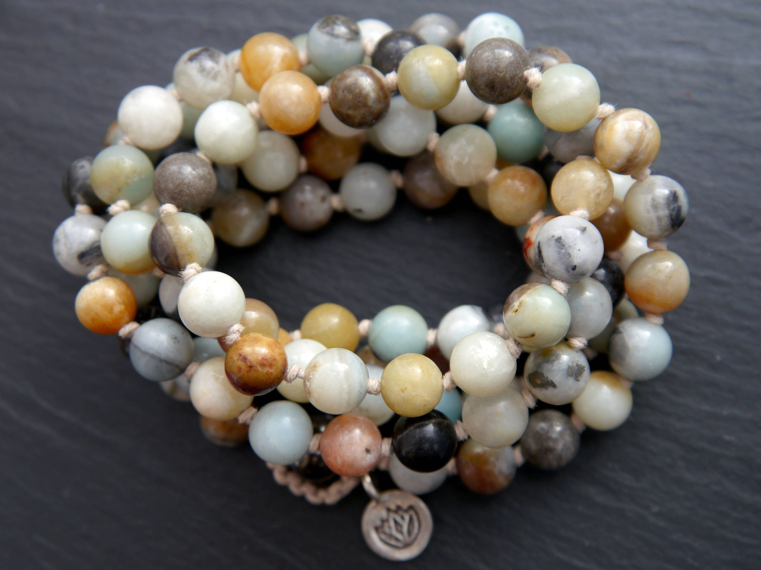Multicolor Flower Amazonite Mala Beads, 108 Gemstone Beads, Wrap, Hand Knotted