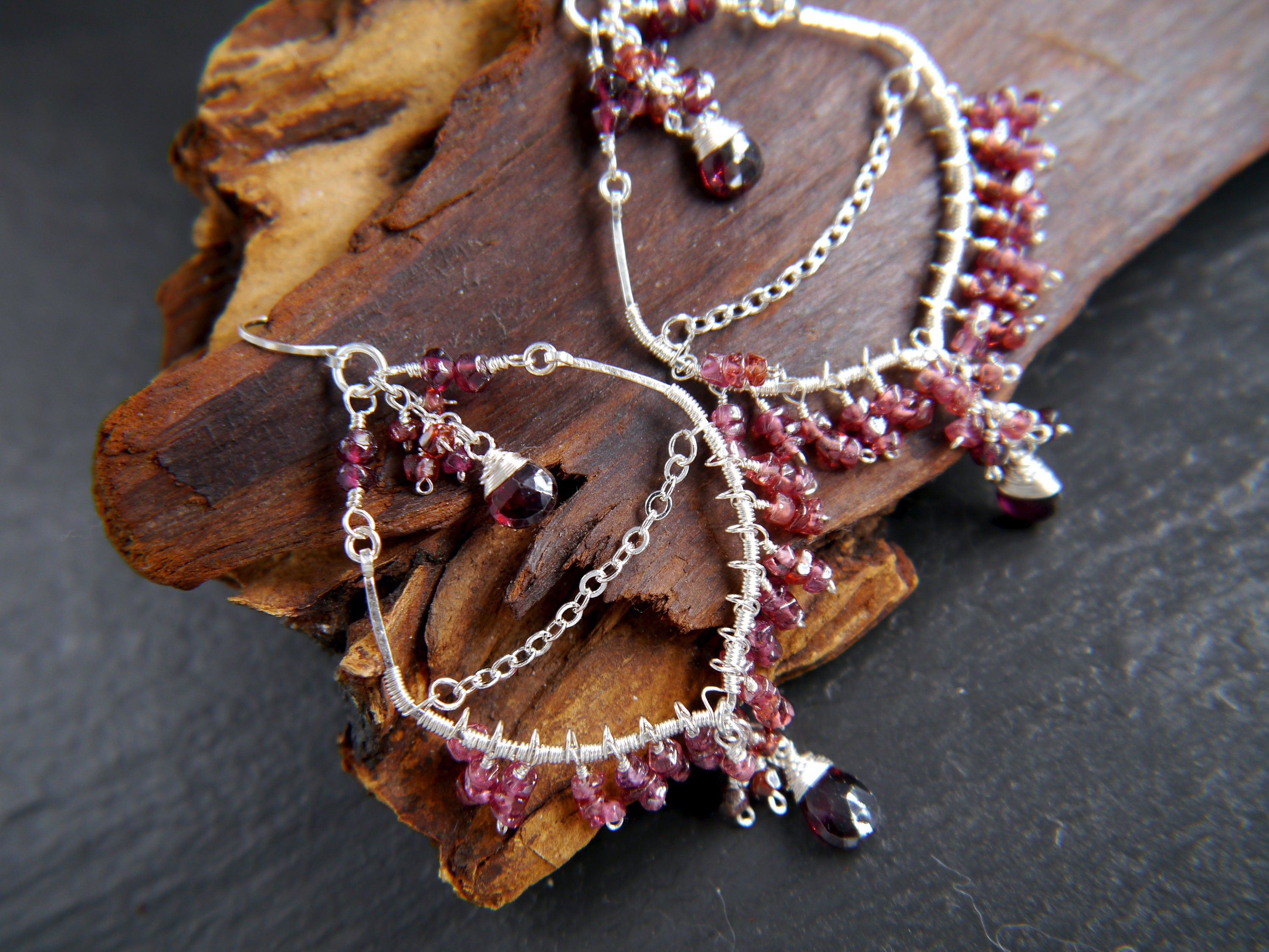 Garnet Chandelier Fringe Gemstone Earrings, Sterling Silver, Bohemian Style