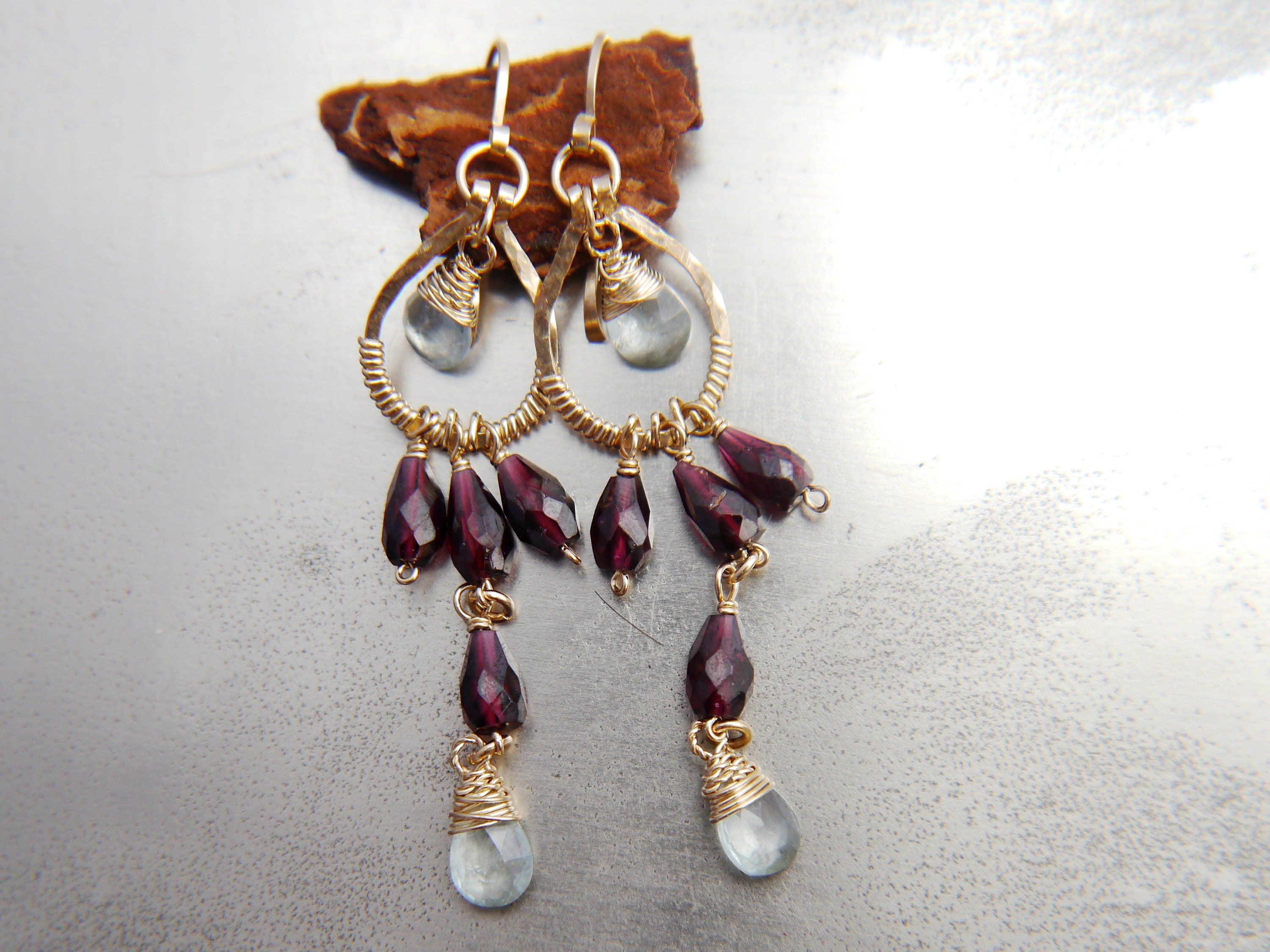 Aquamarine Boho Chandelier Earrings, 14K Gold Filled Fringe Dangle