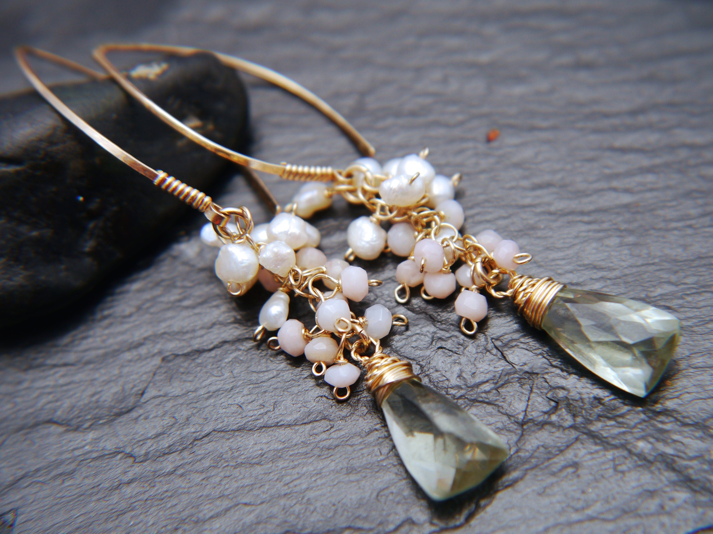 Pearl Pink Opal Green Amethyst Floral Gemstone Earrings, 14K Gold Filled Bohemian Jewelry
