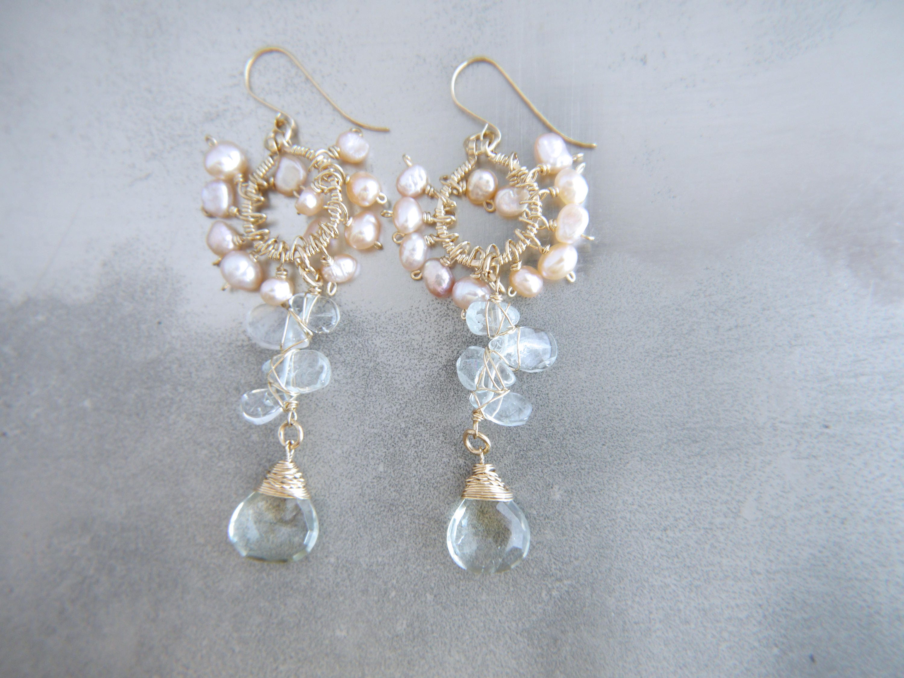 Aquamarine Pearl Long Dangle Cluster Floral Gemstone Earrings, , 14K Gold Filled Romantic