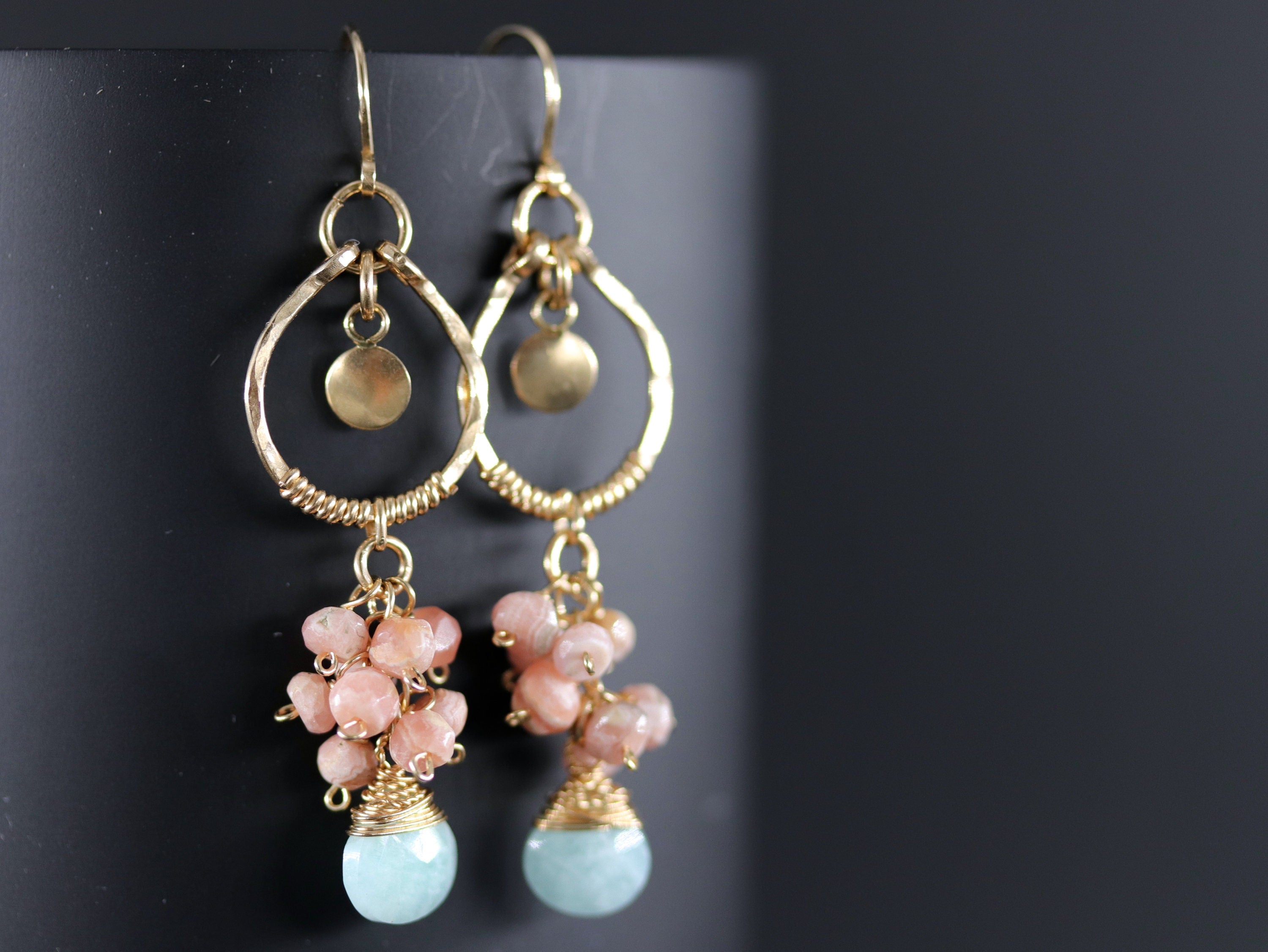 Amazonite Rhodonite Cluster Earrings, 14K Gold Filled Floral Dangle, Romantic Statement