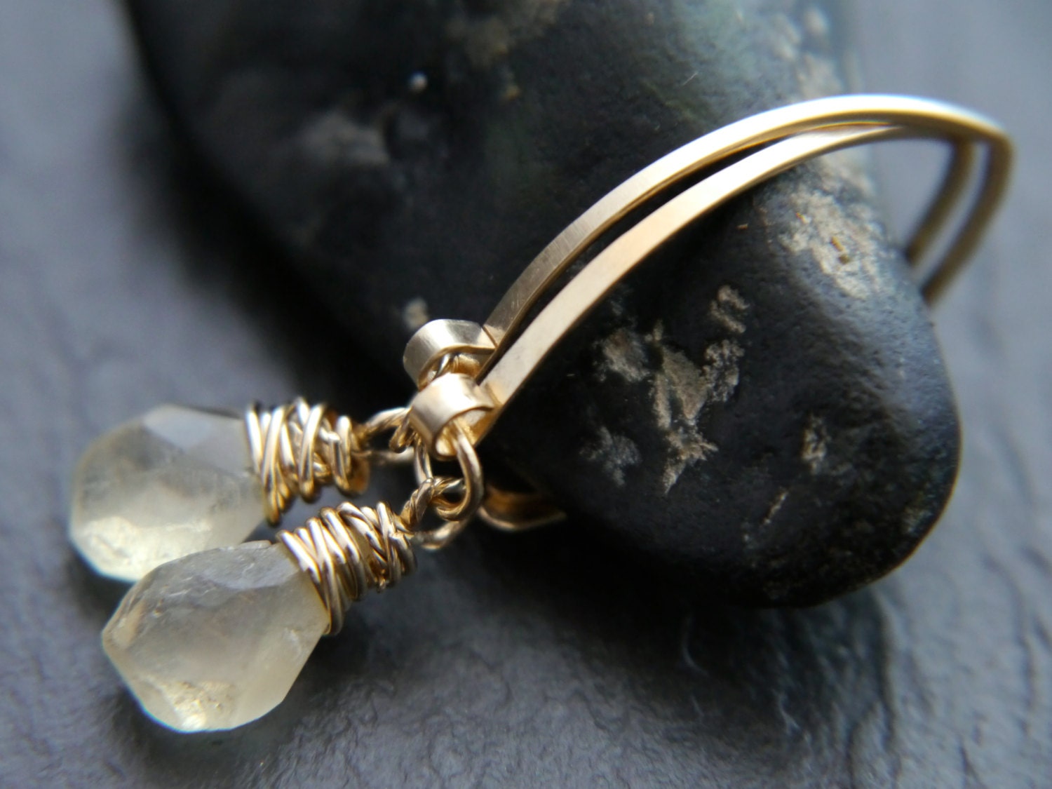 Citrine Teardrop Hoop Gemstone Earrings, 14K Gold Filled Boho Style