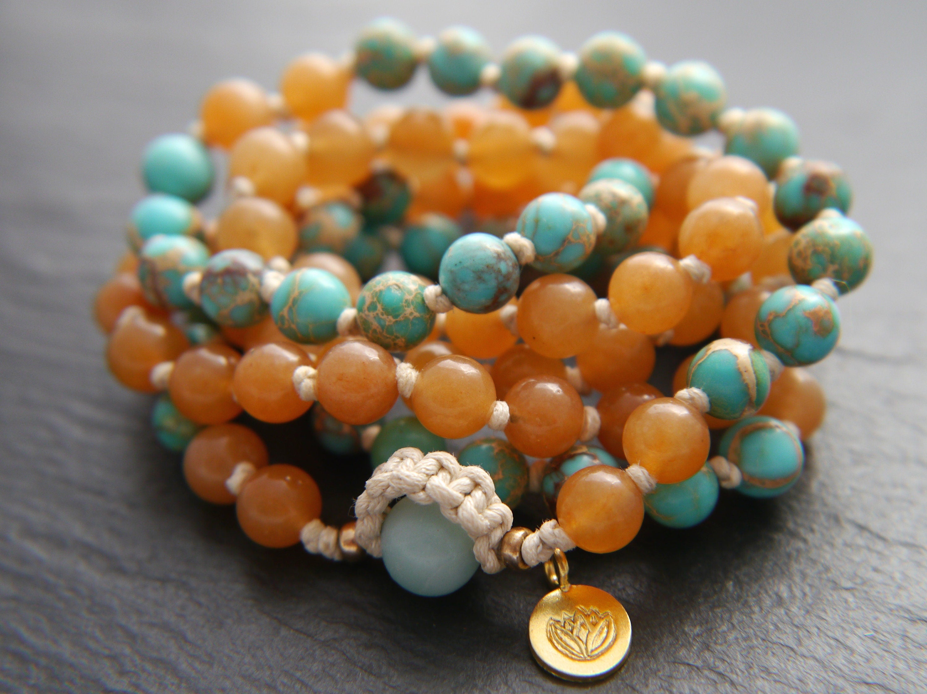 Red Aventurine Amazonite Mala Beads, 108 Gemstone Beads, Wrap, Hand Knotted