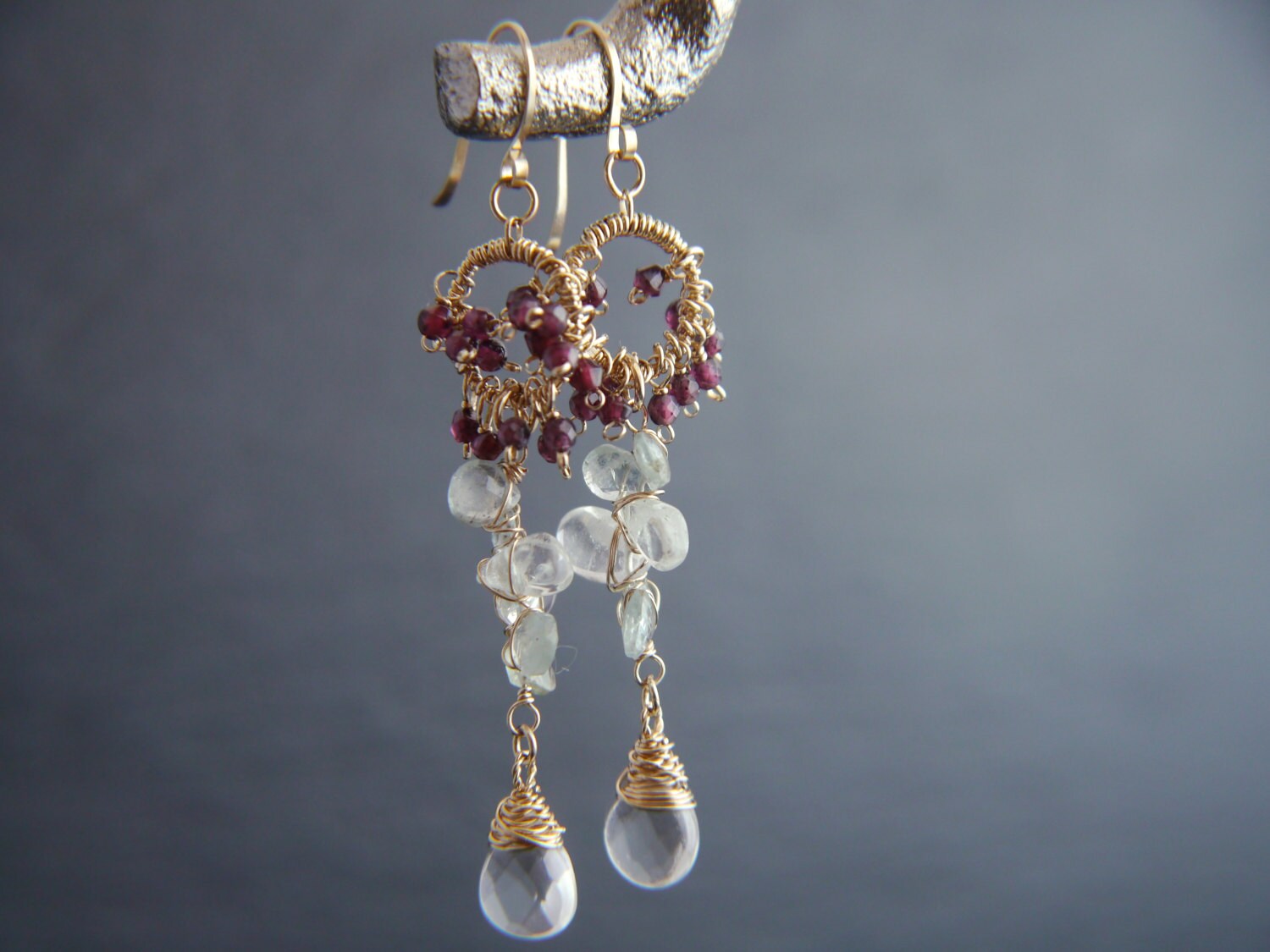 Aquamarine Garnet Floral Chandelier Earrings, 14K Gold Filled Dangle, Bohemian Jewelry