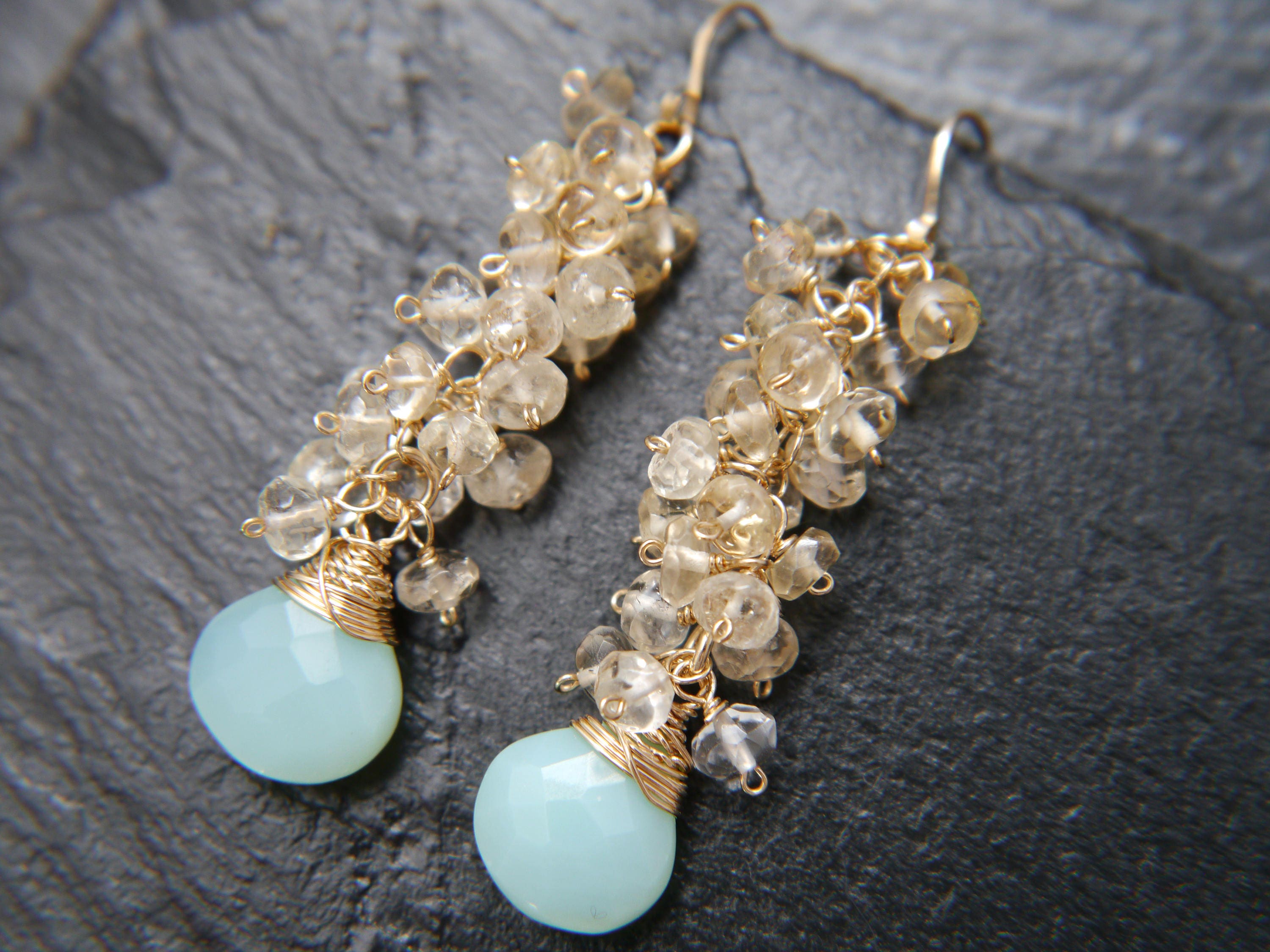 Aqua Chalcedony Citrine Cluster Vine Gemstone Earrings, 14K Gold Filled Bohemian Chic