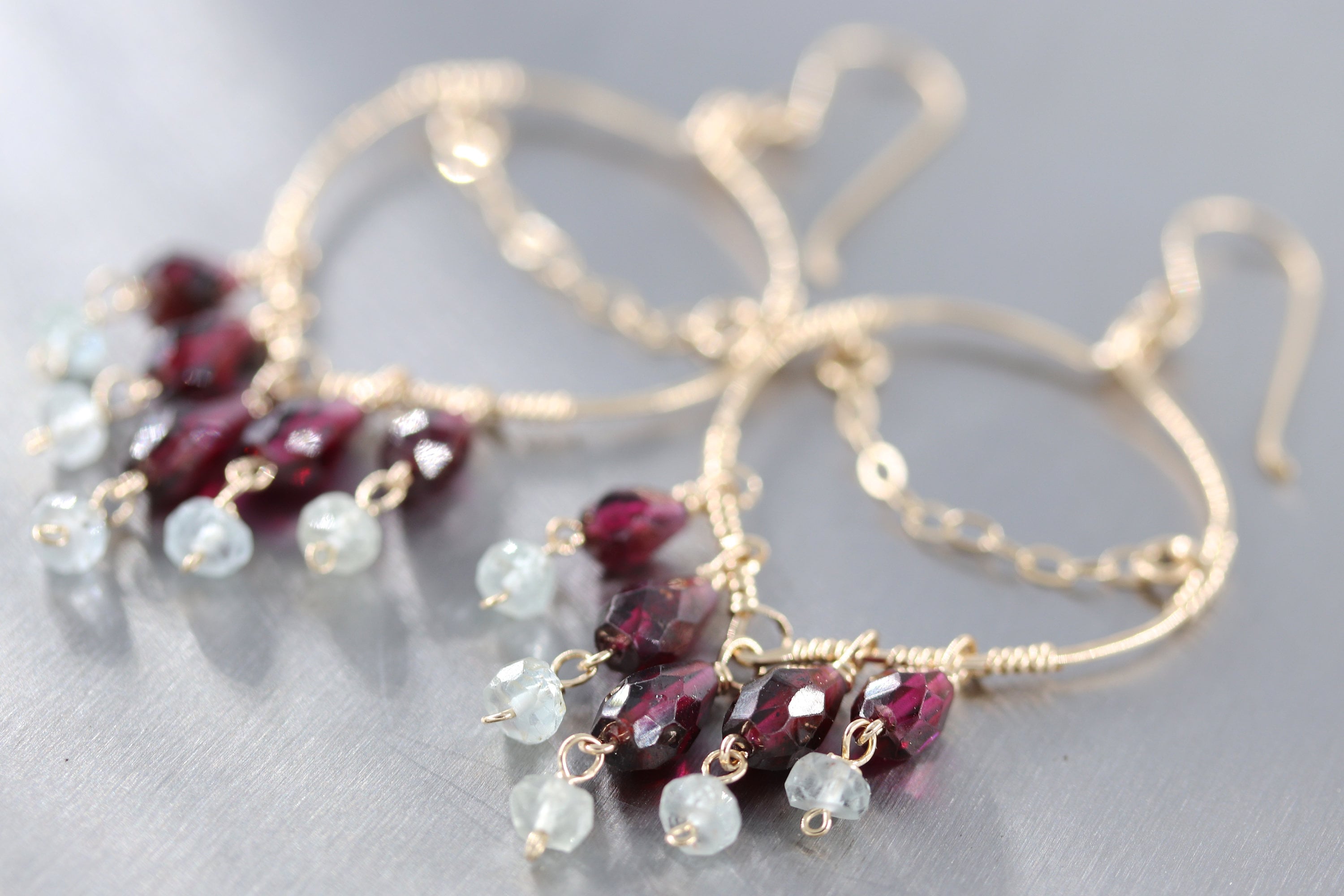Garnet Aquamarine Fringe Earrings, 14K Gold Filled Long Dangle, Boho Statement