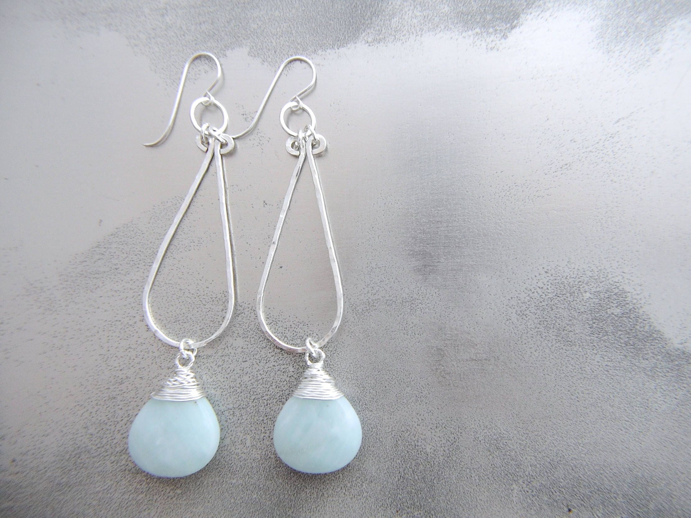 Aqua Amazonite Long Teardrop Hoop Gemstone Earrings, Sterling Silver