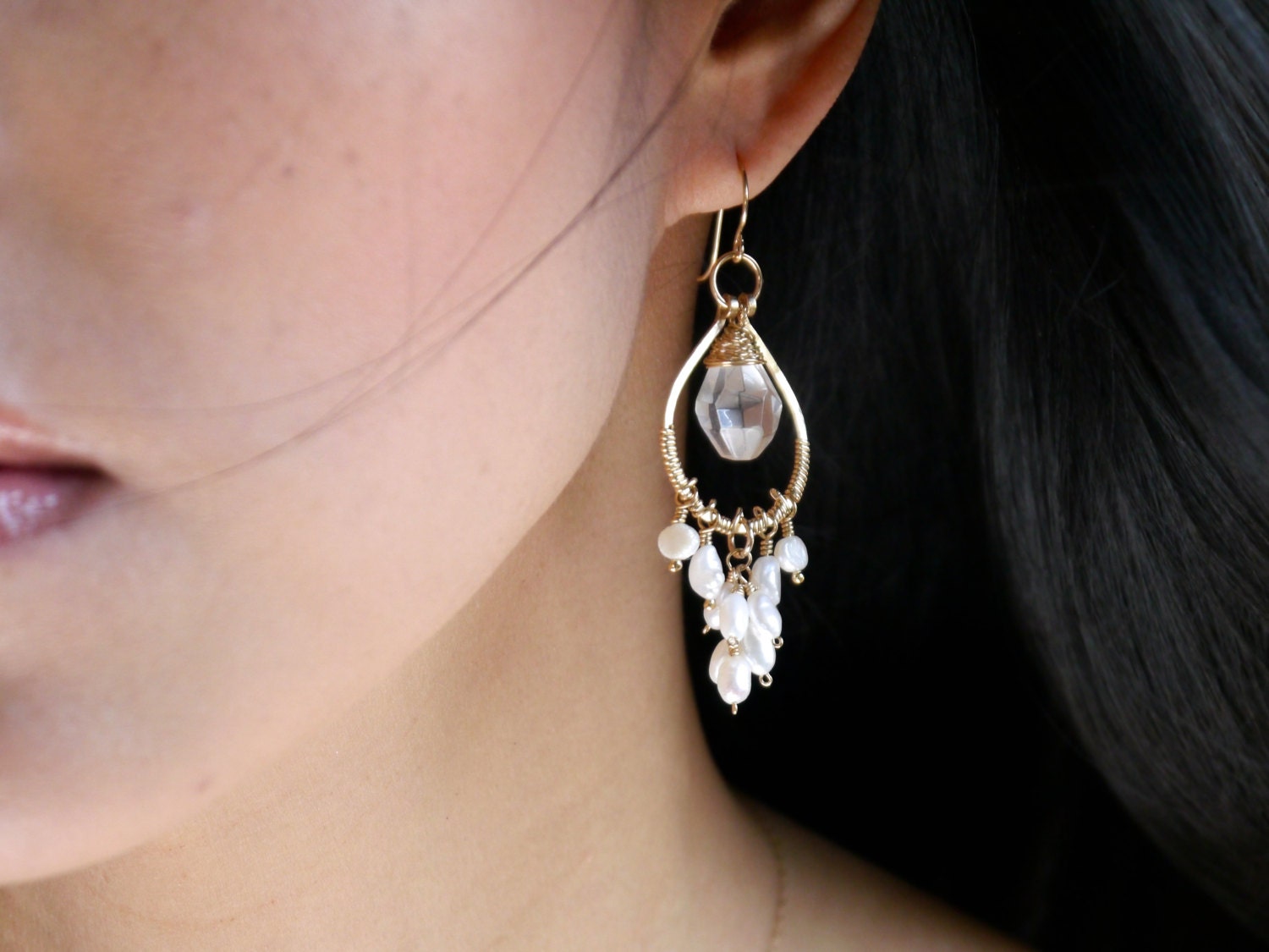 Freshwater Pearl Quartz Floral Chandelier Gemstone Earrings, 14K Gold Filled Wedding