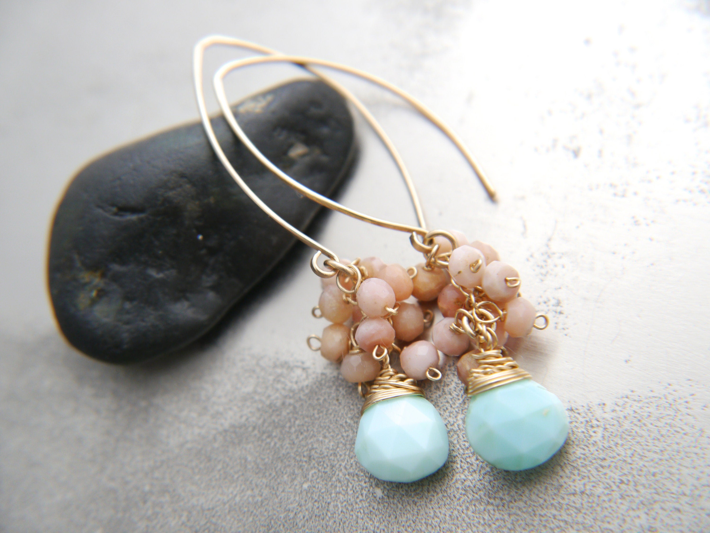 Pink Blue Opal Floral Cluster Gemstone Earrings, 14K Gold Filled Nature Inspired