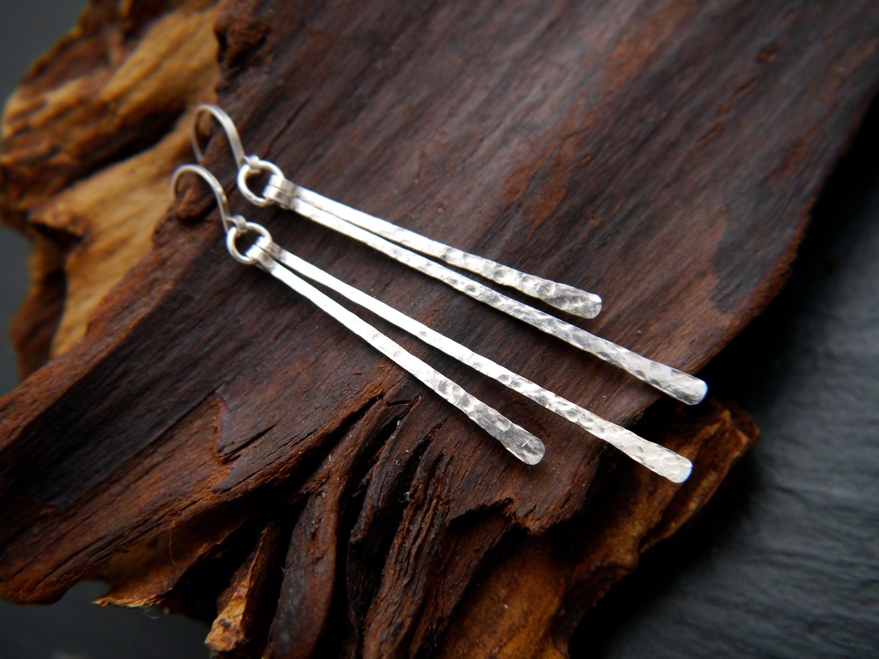 Hammered Sterling Silver Bar Earrings, Simple Minimalist