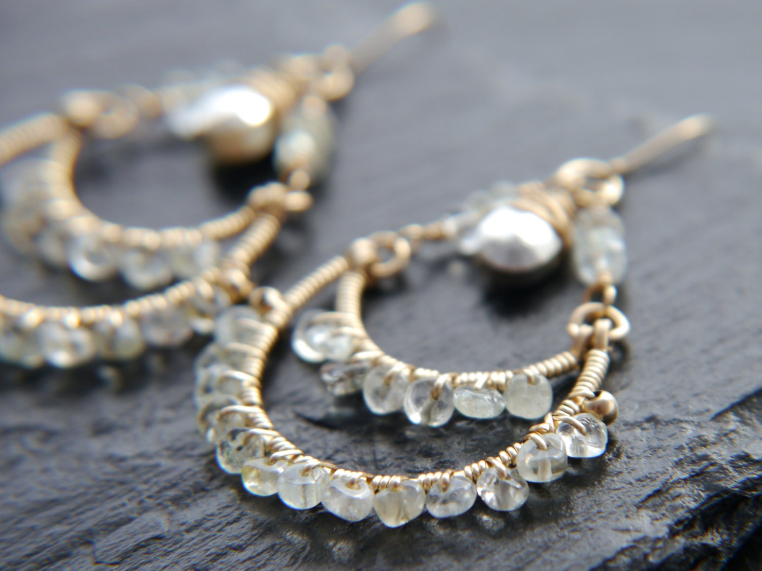 Aquamarine Pyrite Tiered Chandelier Gemstone Earrings, 14K Gold Filled Bohemian Style
