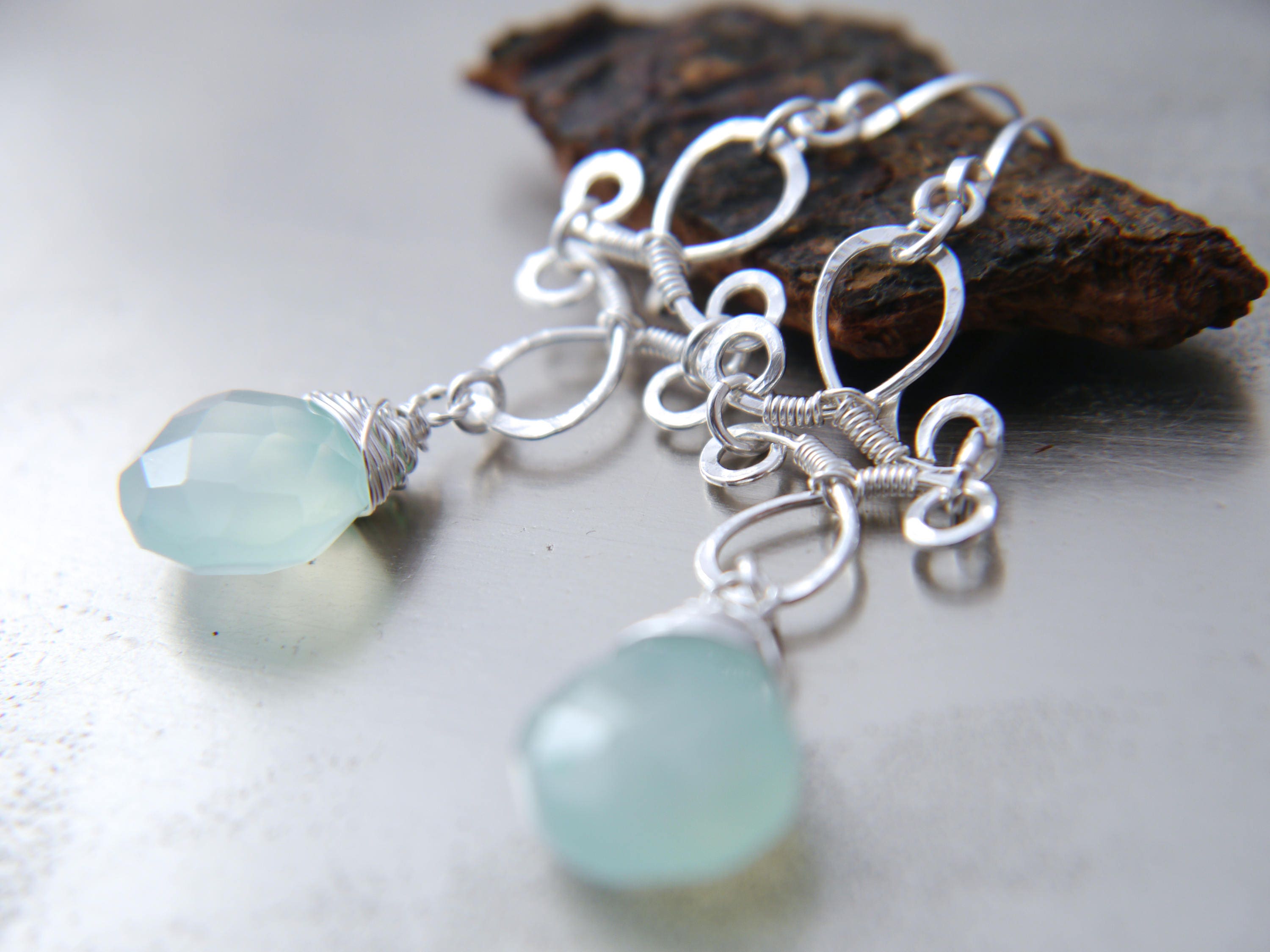 Aqua Chalcedony Heart Briolette Chandelier Gemstone Earrings, Sterling Silver