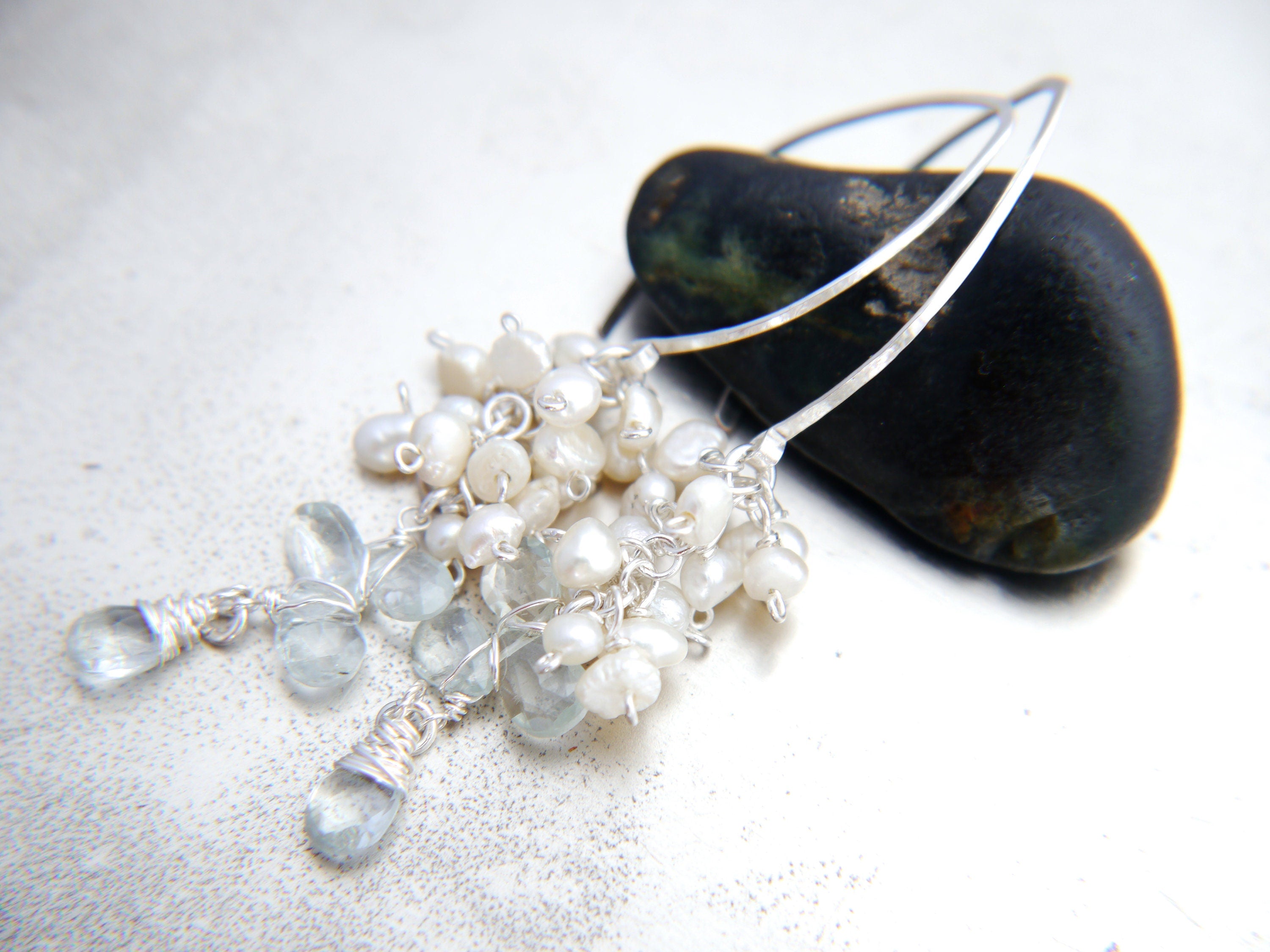 Aquamarine Pearl Long Dangle Floral Vine Gemstone Earrings, Sterling Silver Bridal
