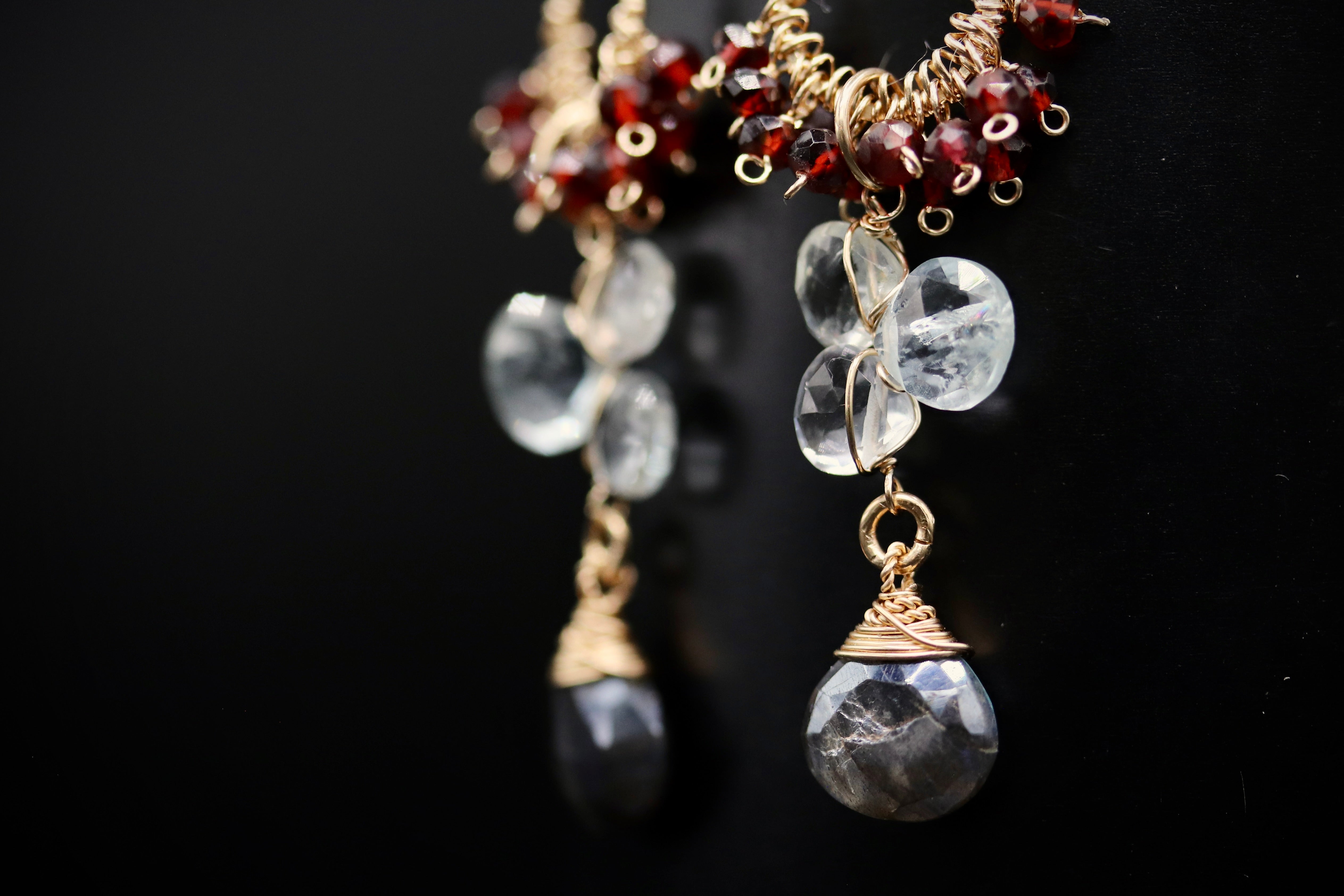 A close-up view of a pair of elegant earrings with clear gemstones and gold-colored metal accents.