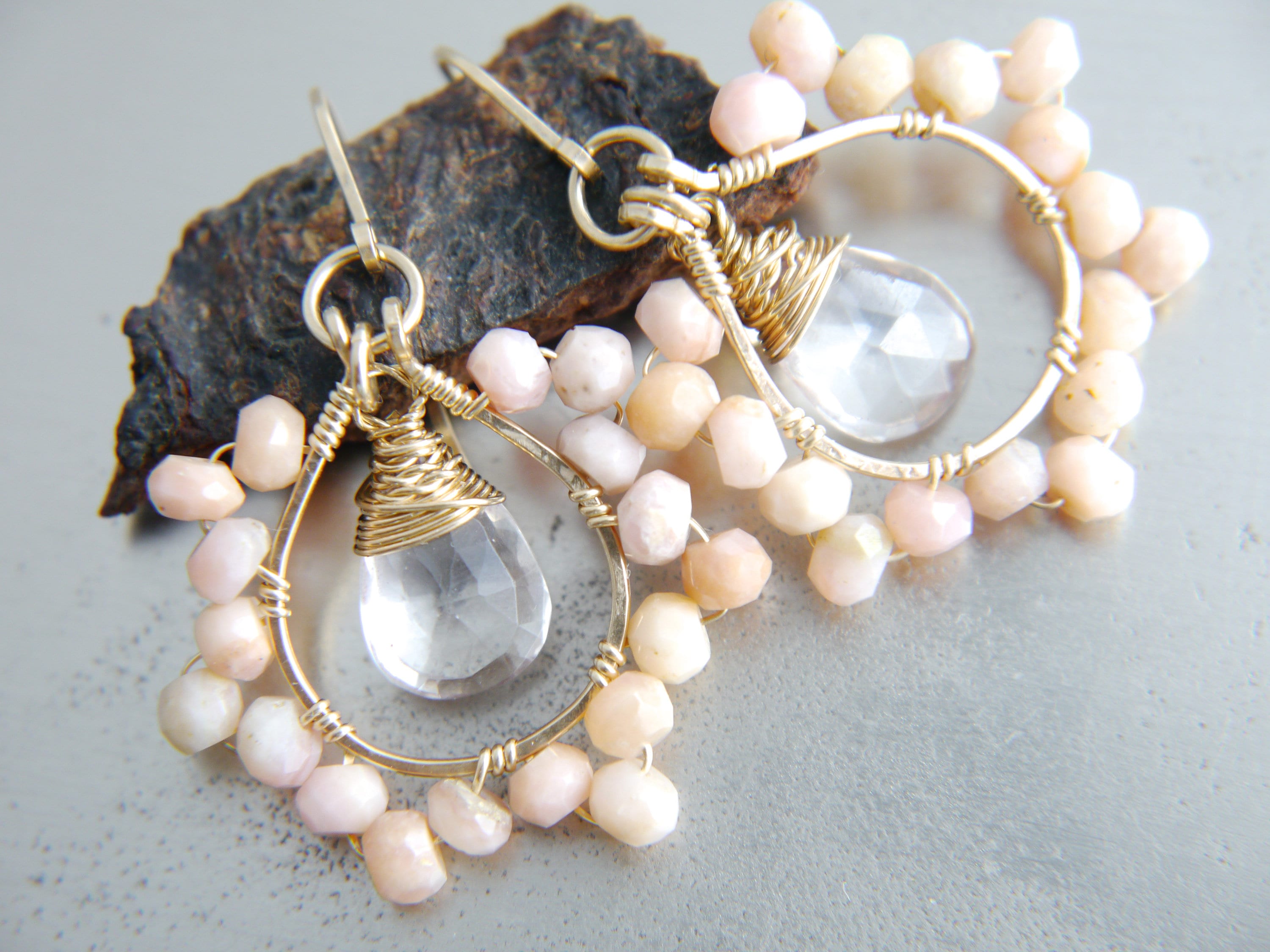 Pink Opal Teardrop Floral Gemstone Earrings, 14K Gold Filled Garden Wedding