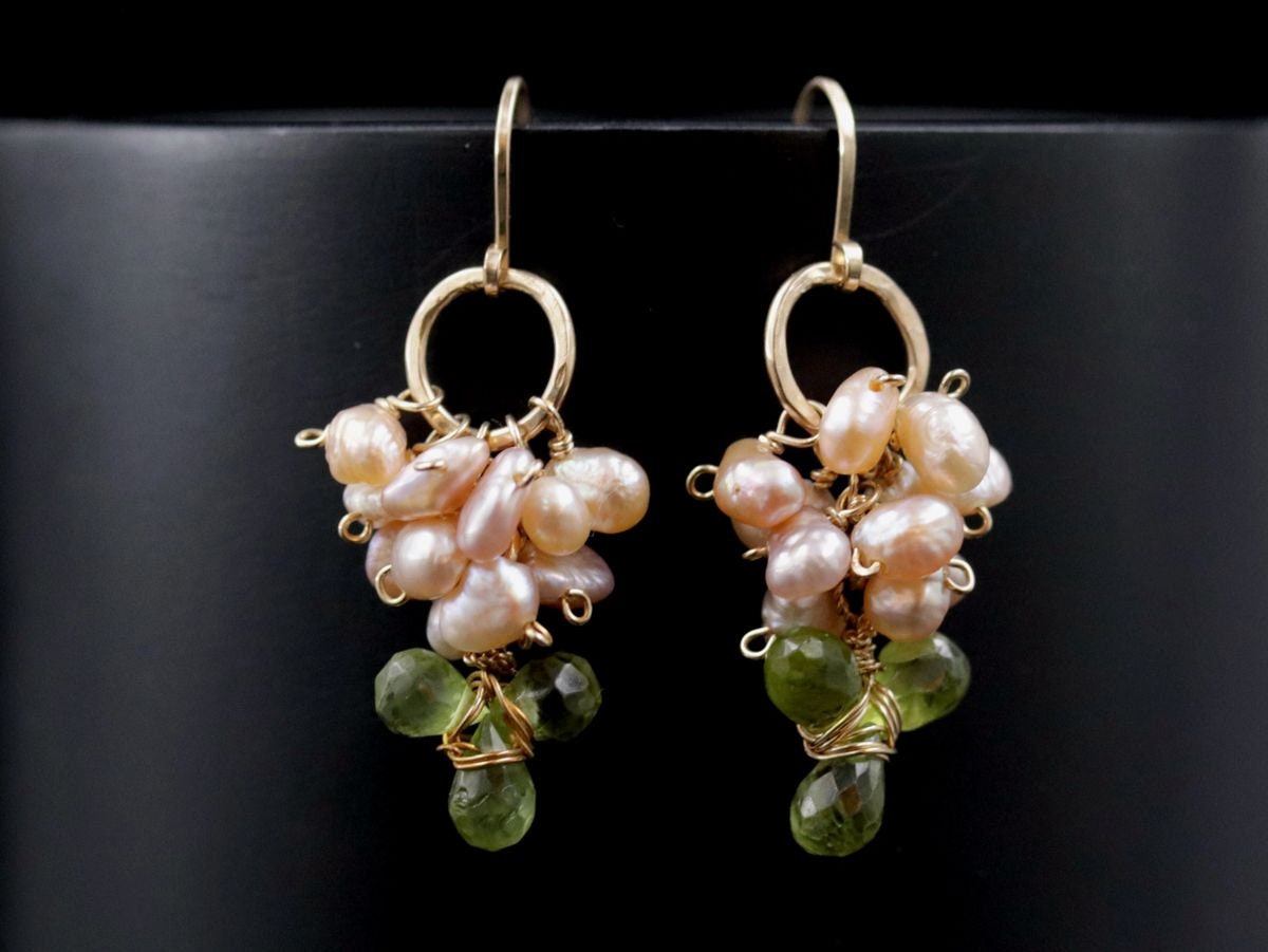 Peridot Pink Freshwater Pearl Floral Dangle Gemstone Earrings, 14K Gold Filled