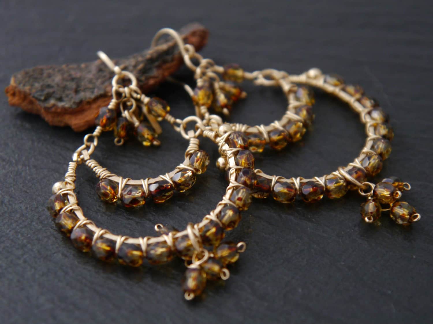 Boho Tortoiseshell Czech Glass Chandelier Gemstone Earrings, 14K Gold Filled