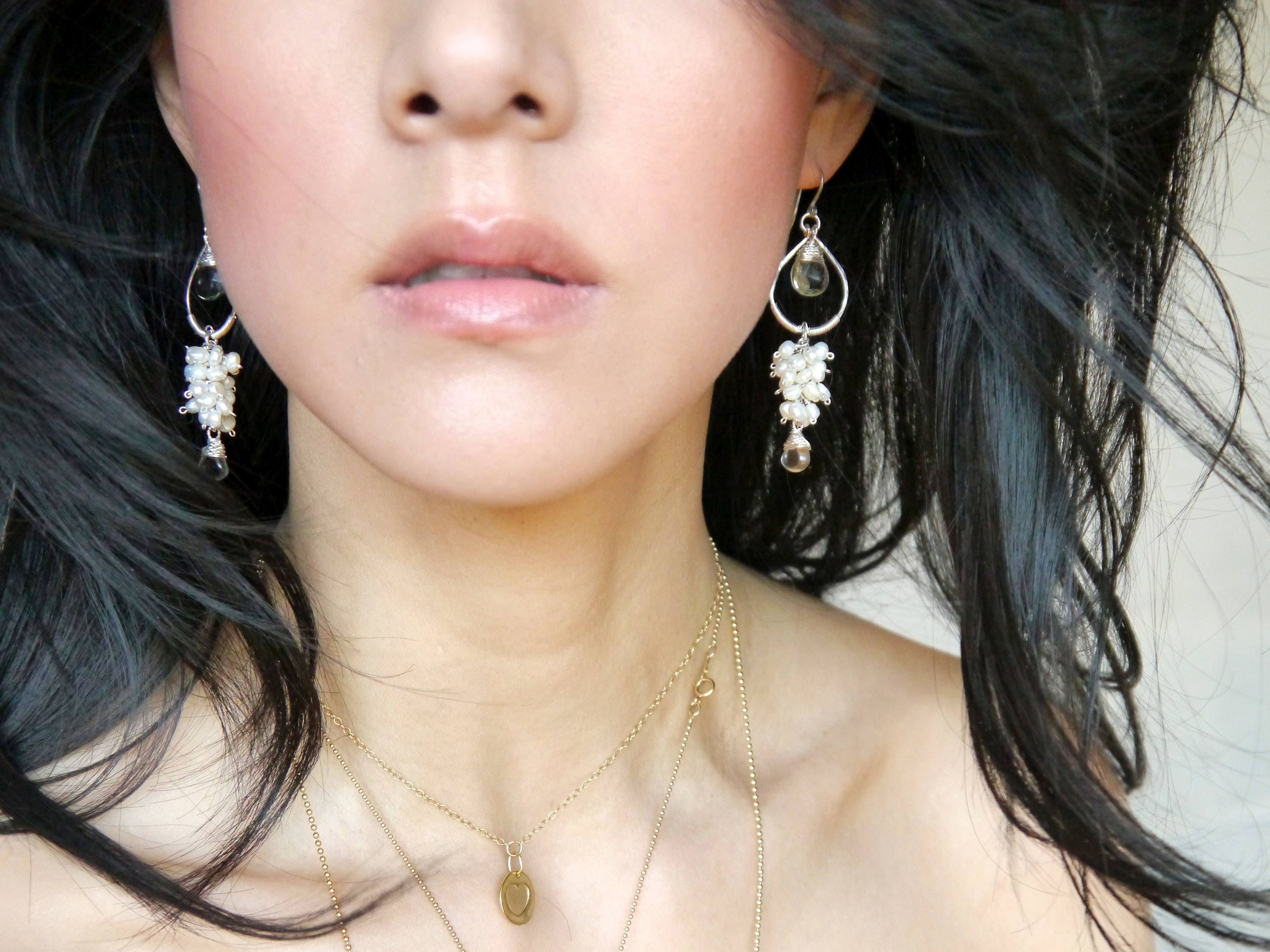 Pearl Quartz Chandelier Gemstone Earrings, Sterling Silver, Nature Inspired Wedding