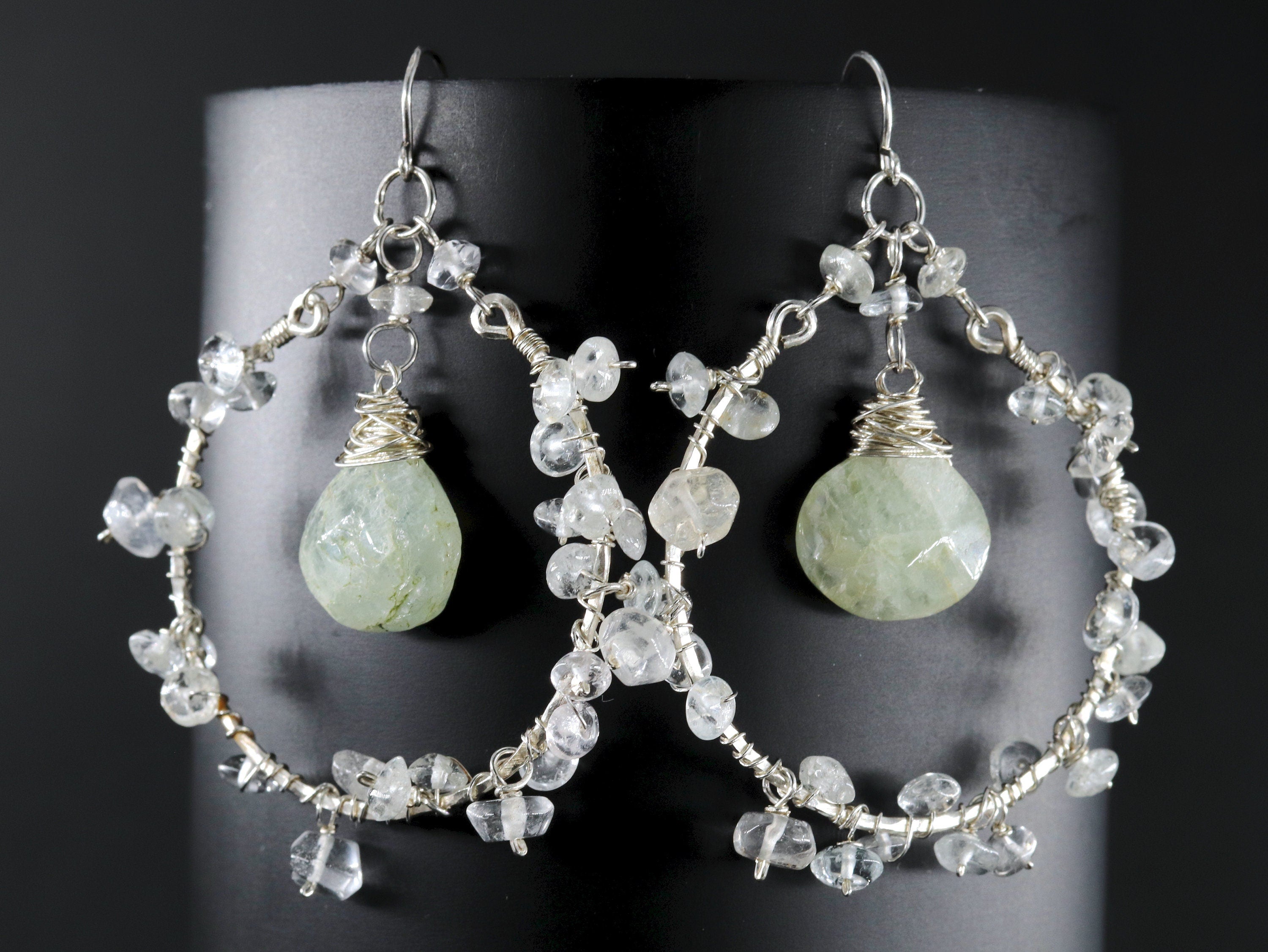 Aquamarine Chandelier Floral Hoop Gemstone Earrings, Sterling Silver Bridal Jewelry