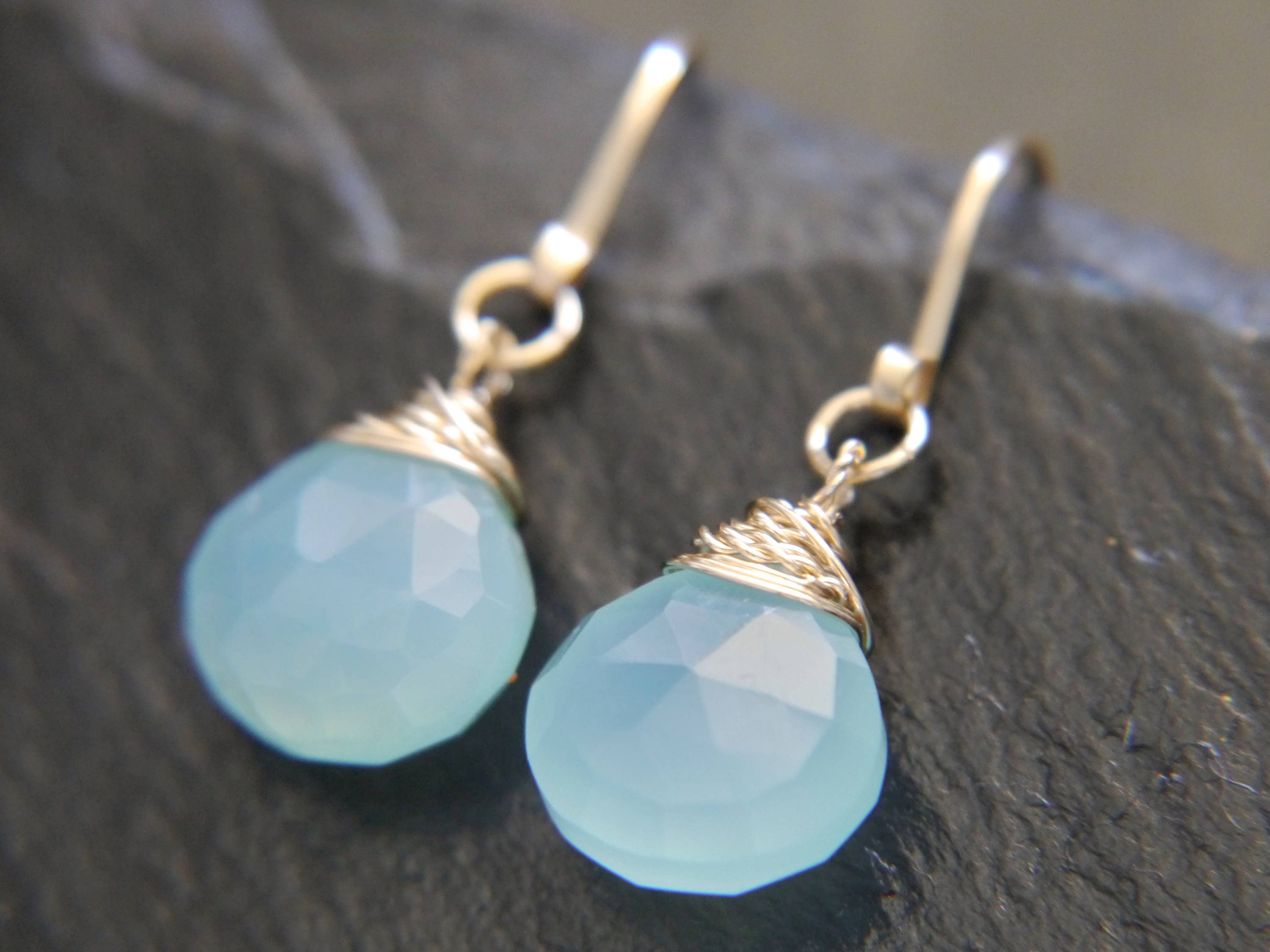 Aqua Chalcedony Heart Briolette Teardrop Gemstone Earrings, 14K Gold Filled Romantic Gift