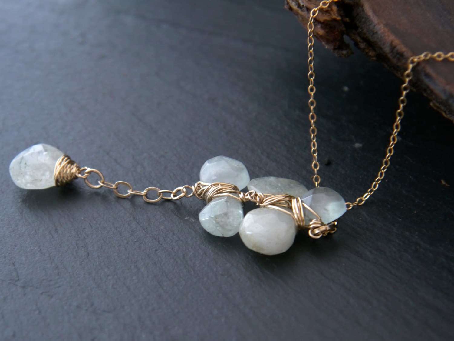 Aquamarine Lariat Y Pendant Gemstone Necklace, 14K Gold Filled Bohemian Bride