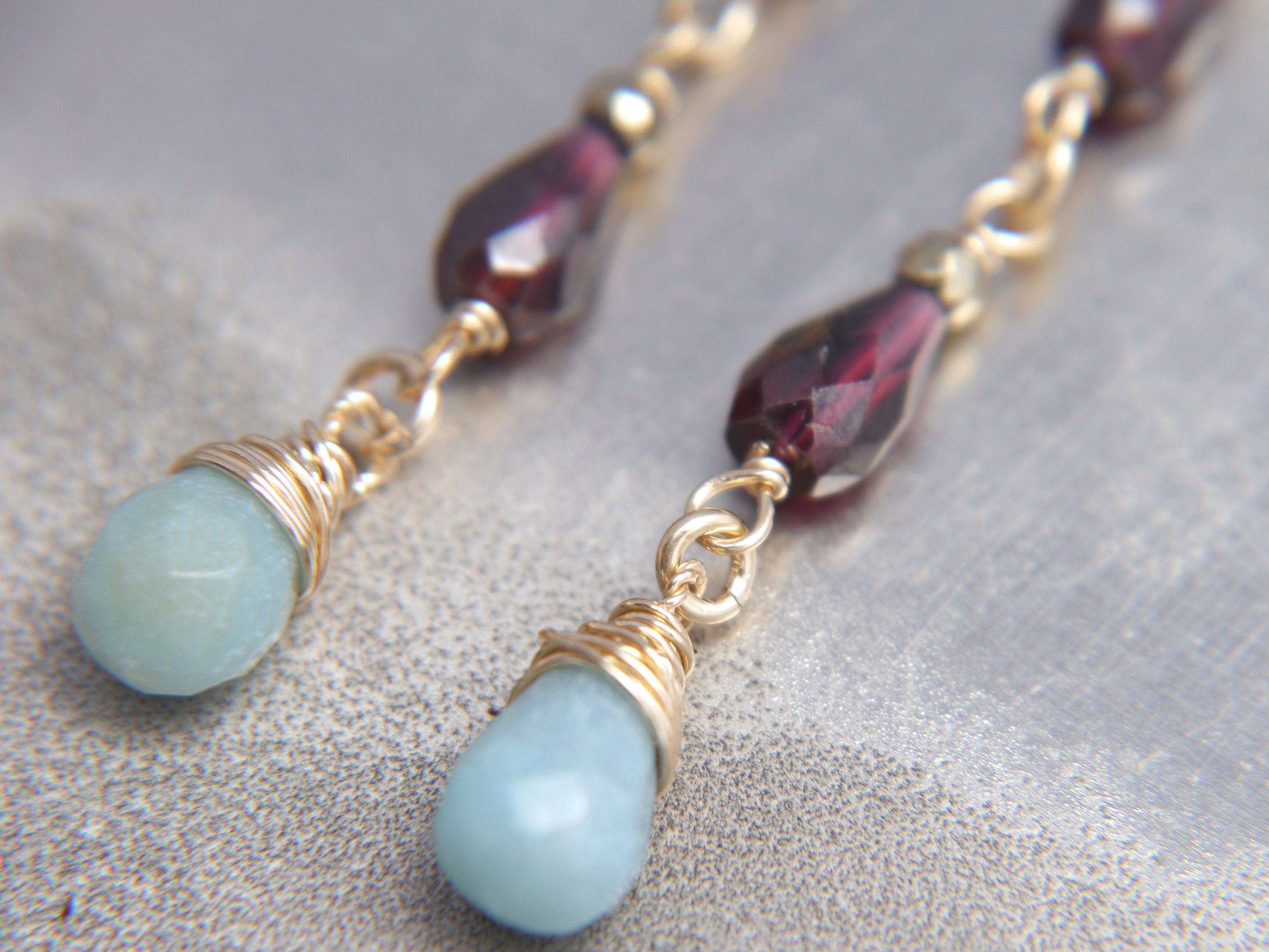 Garnet Amazonite Long Dangle Teardrop Gemstone Earrings, 14K Gold Filled Art Deco