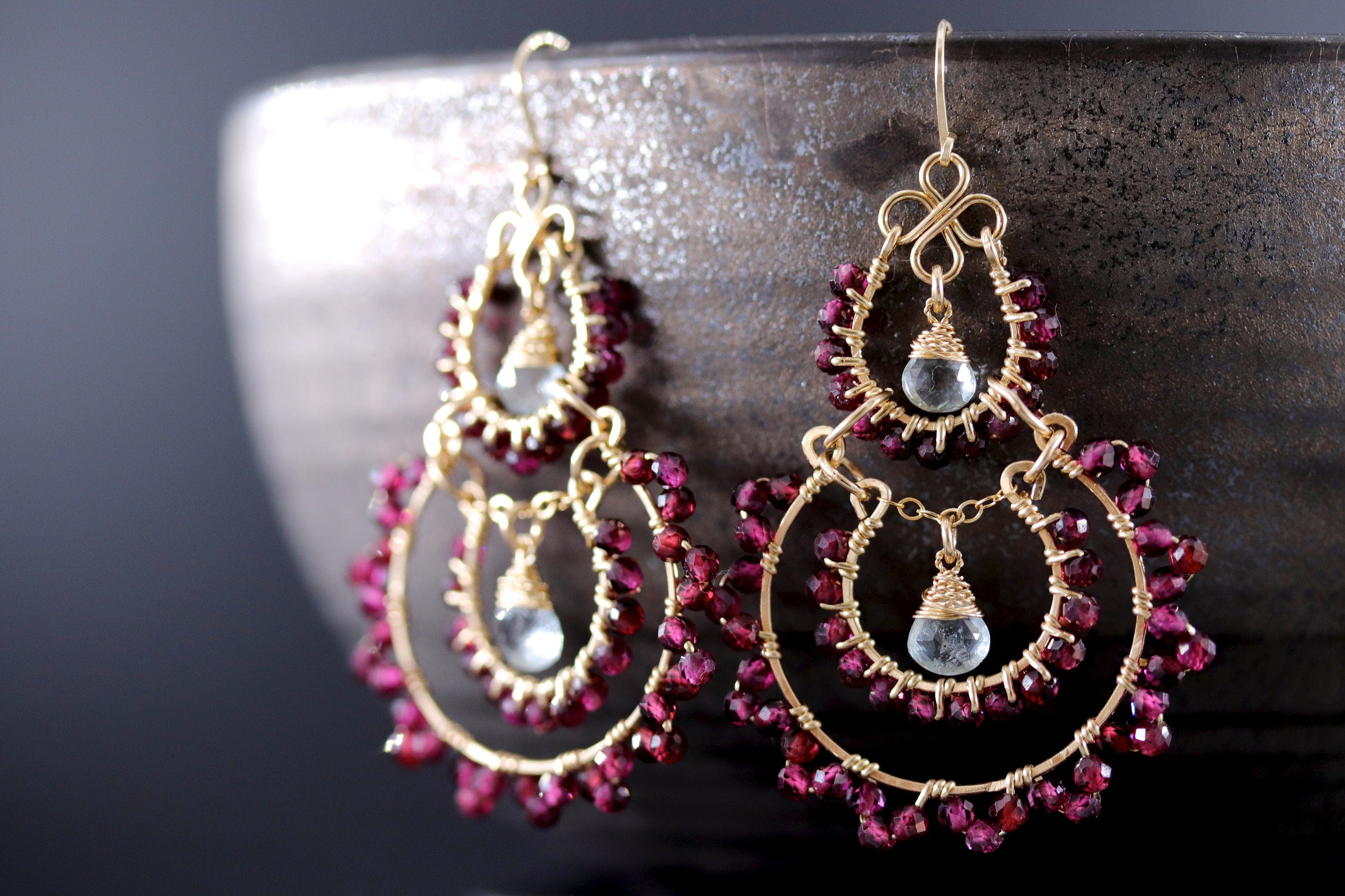 Garnet Aquamarine Fringe Chandelier Earrings, 14K Gold Filled Long Dangle, Heirloom Statement