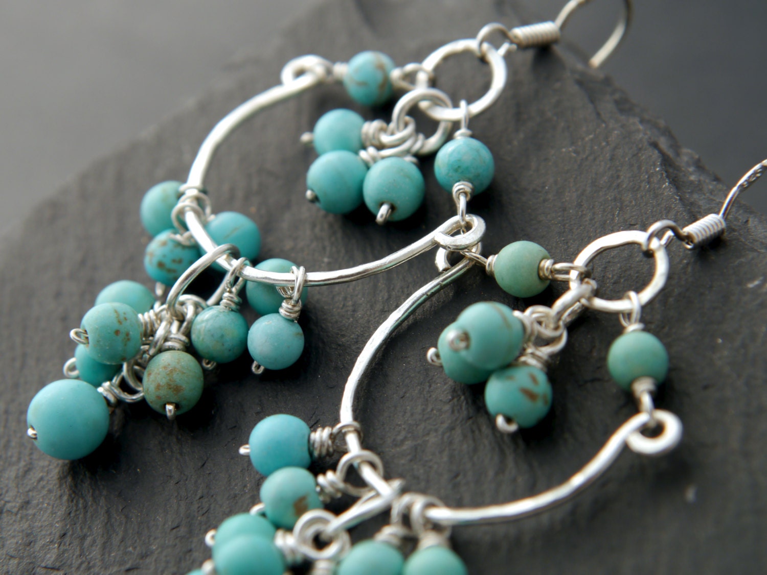 Turquoise Magnesite Chandelier Cluster Gemstone Earrings, Sterling Silver, Bohemian Style