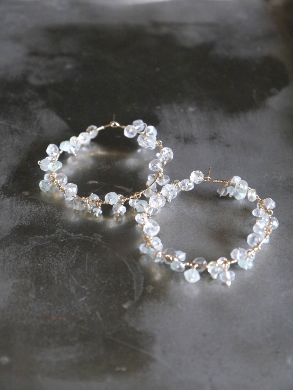 Boho Aquamarine Hoop Gemstone Earrings, 14K Gold Filled Coastal Wedding
