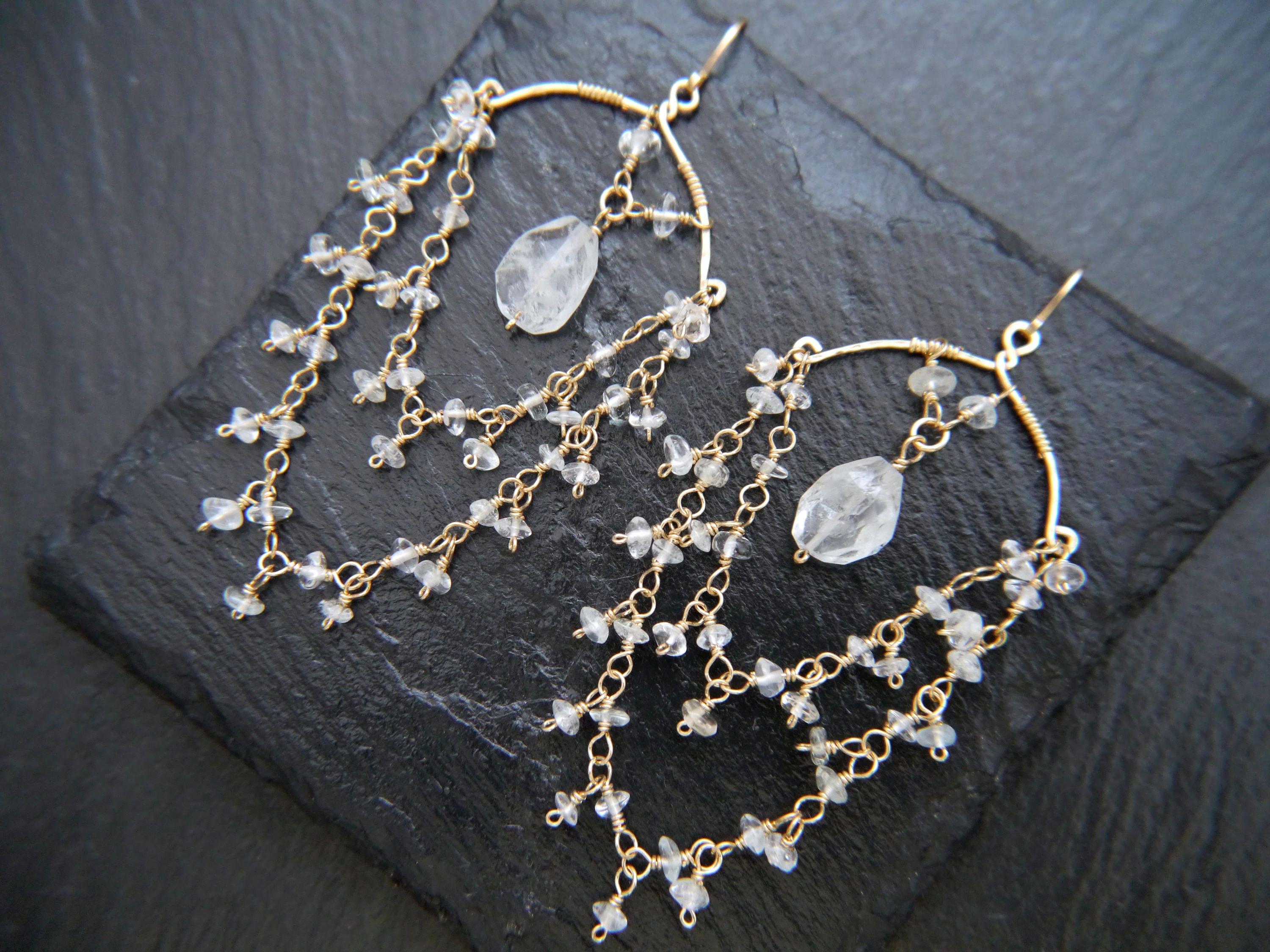 Aquamarine Fringe Chandelier Earrings, 14K Gold Filled Boho Dangle, Wedding Jewelry