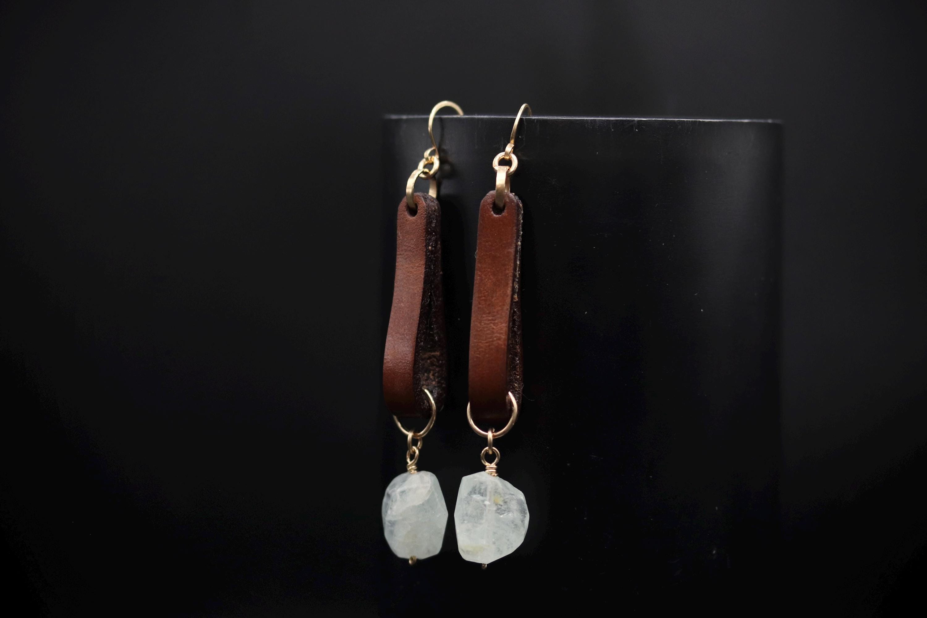 Boho Leather and Raw Cut Aquamarine Dangle Gemstone Earrings, 14K Gold Filled
