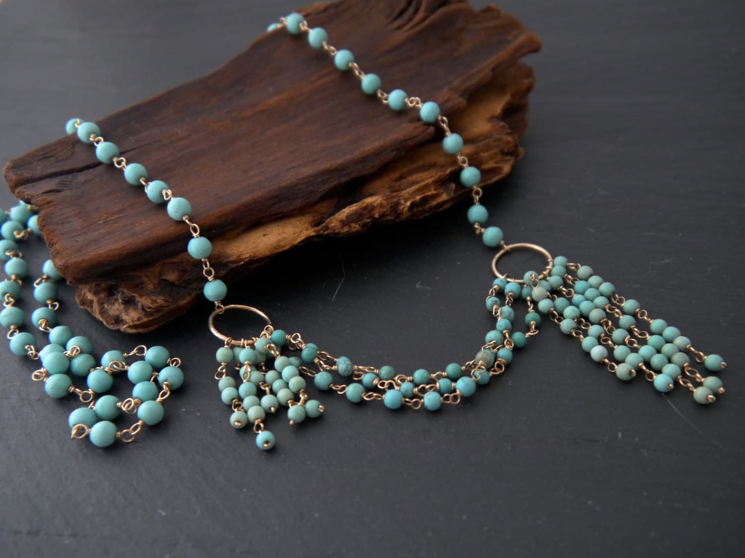 Turquoise Tassel Layering  Gemstone Necklace, 14K Gold Filled Statement Jewelry