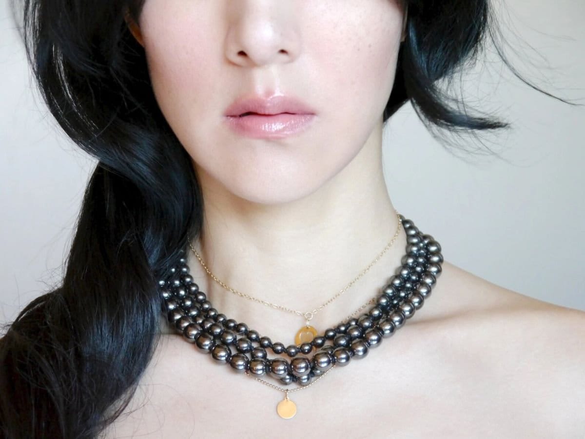 Hematite Multi Strand Bib Necklace Gold Filled, Statement Jewelry