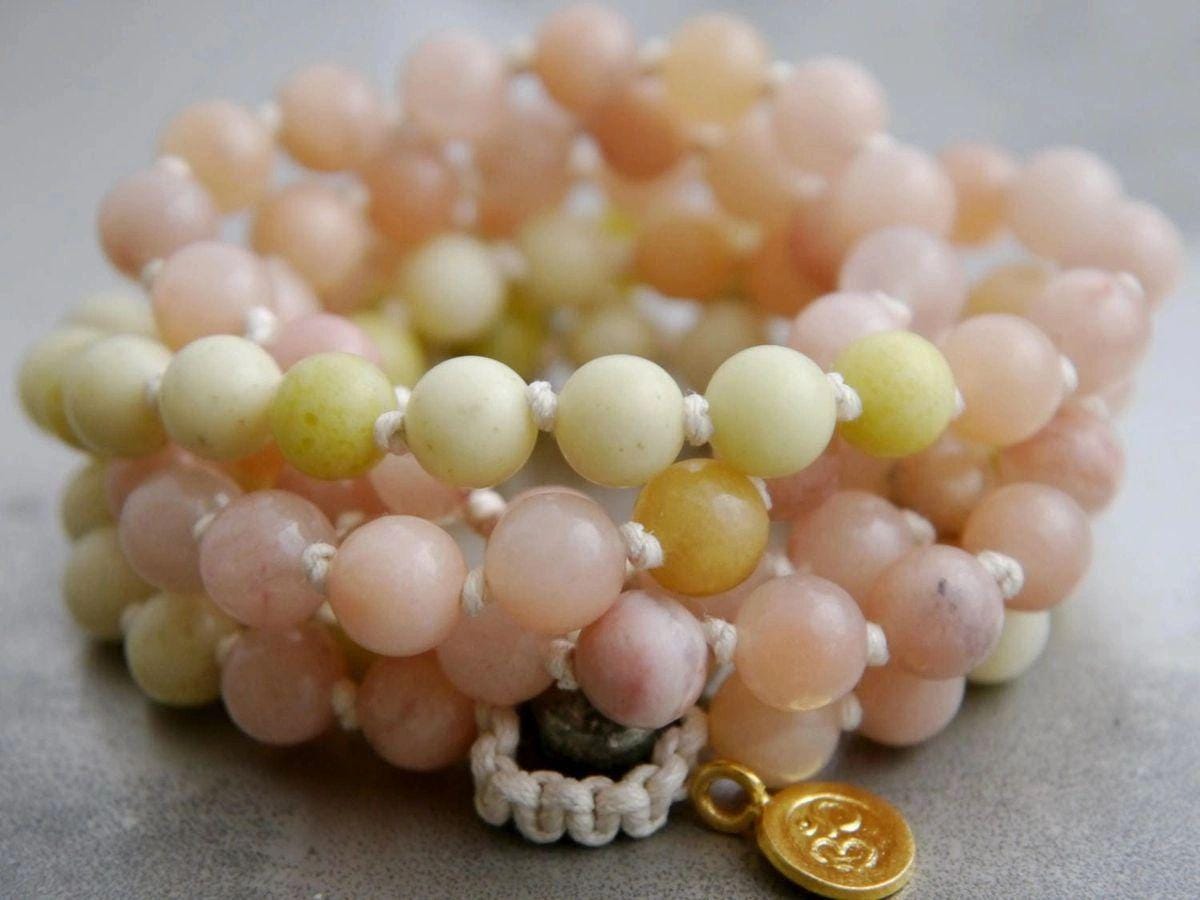 Green Peridot Serpentine Pink Aventurine Mala , Hand Knotted