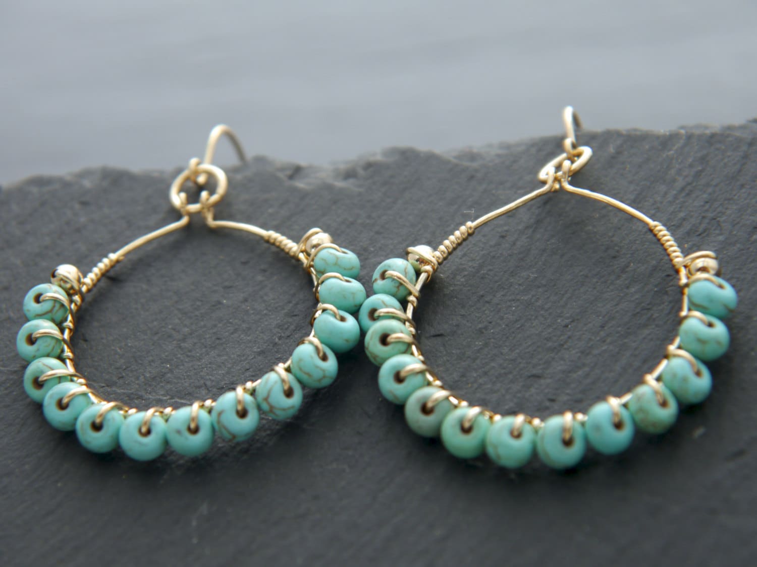 Turquoise Magnesite Hammered Texture Hoop Gemstone Earrings, 14K Gold Filled Summer Style