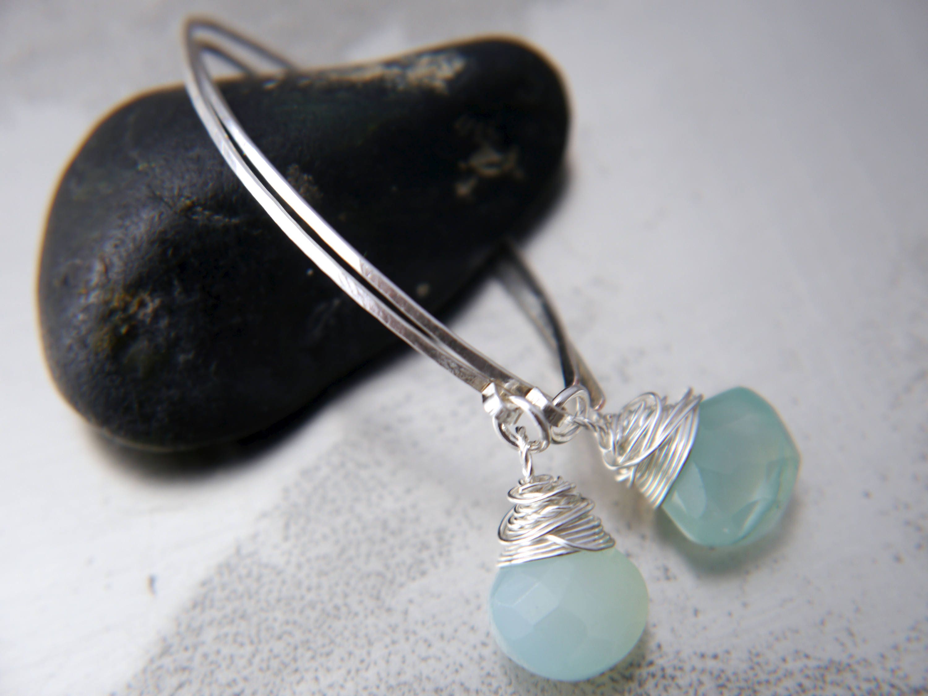 Aqua Chalcedony Briolette Hoop Gemstone Earrings, Sterling Silver