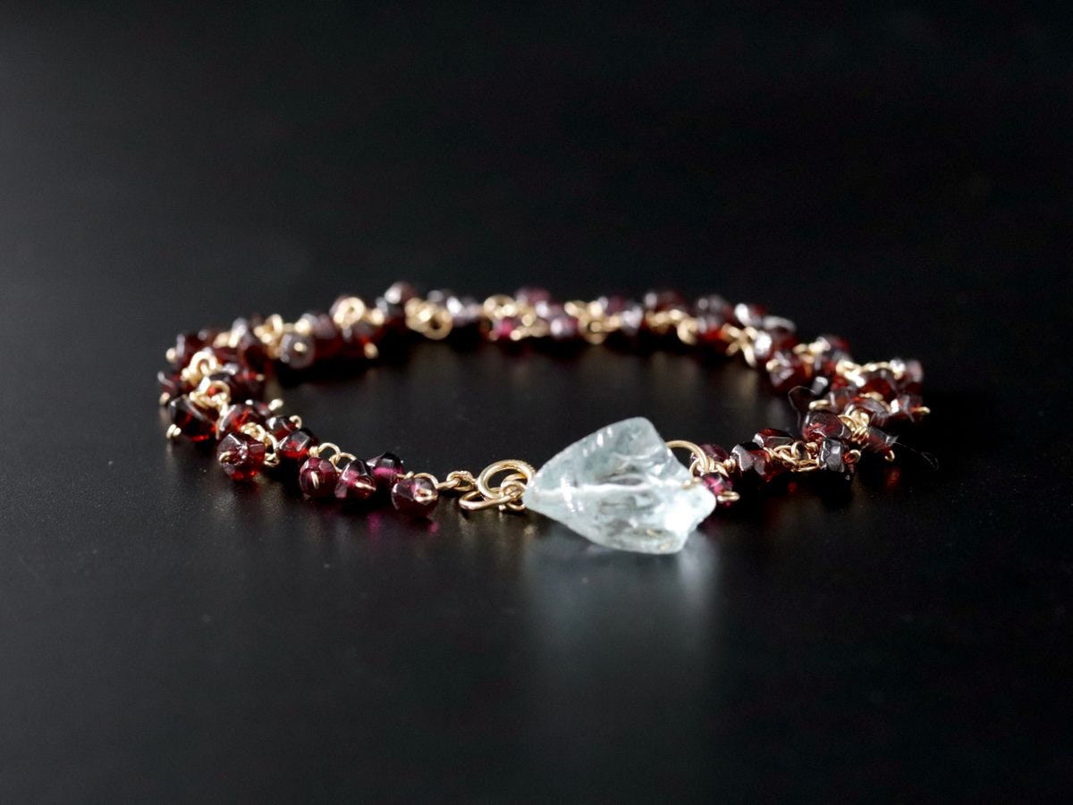 Garnet Aquamarine Gemstone Bracelet, 14K Gold Filled Raw , January Birthstone