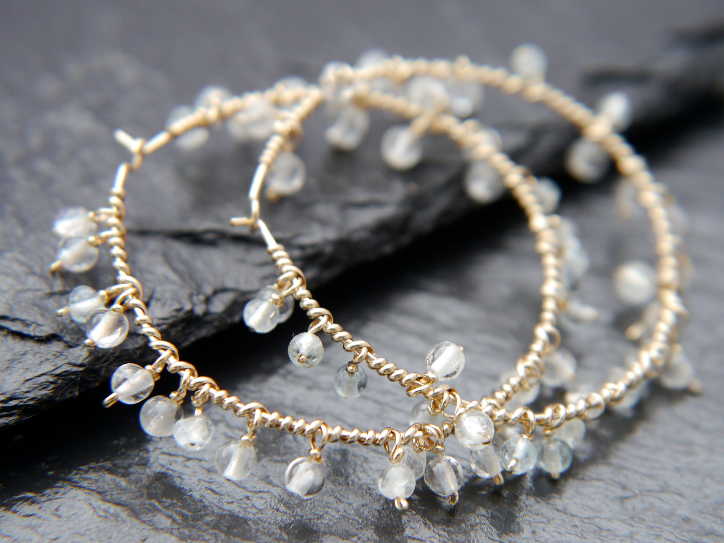 Aquamarine Floral Hoop Gemstone Earrings, 14K Gold Filled Something Blue
