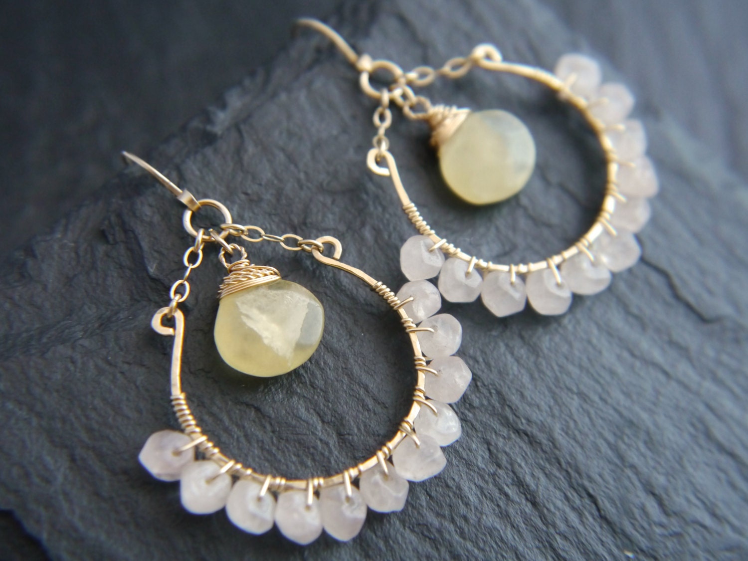 Rose Quartz Yellow Calcite Floral Hoop Gemstone Earrings, 14K Gold Filled Wedding