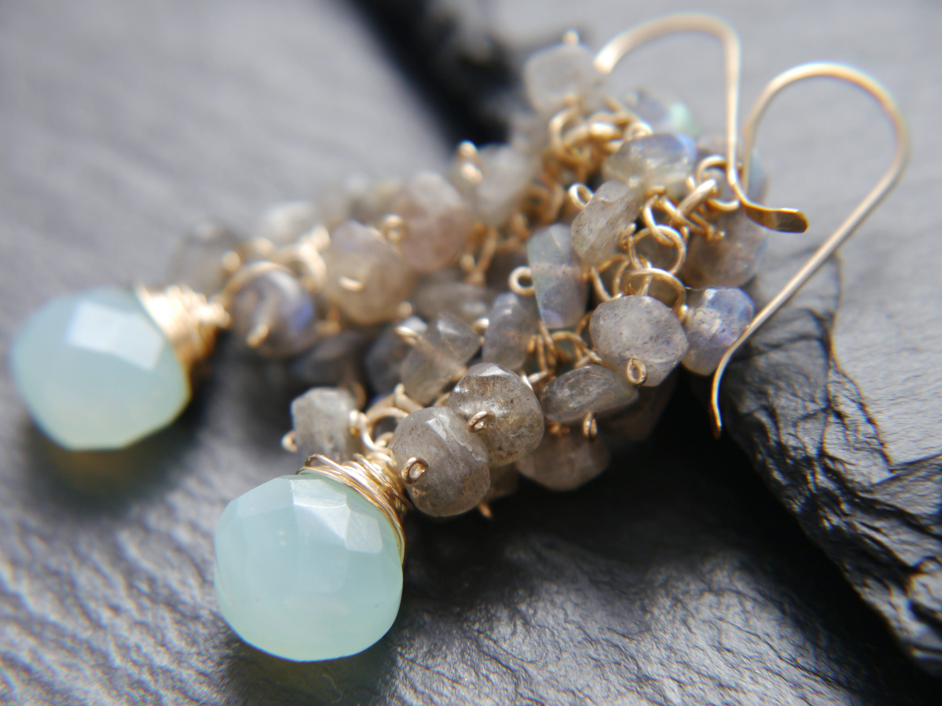 Aqua Chalcedony Briolette Labradorite Cluster Gemstone Earrings, 14K Gold Filled Romantic Style
